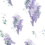 A detailed view of the Wisteria Garden Wallpaper pattern, showcasing delicate watercolor-style wisteria blooms cascading amidst slender green leaves, set against a clean, neutral background.