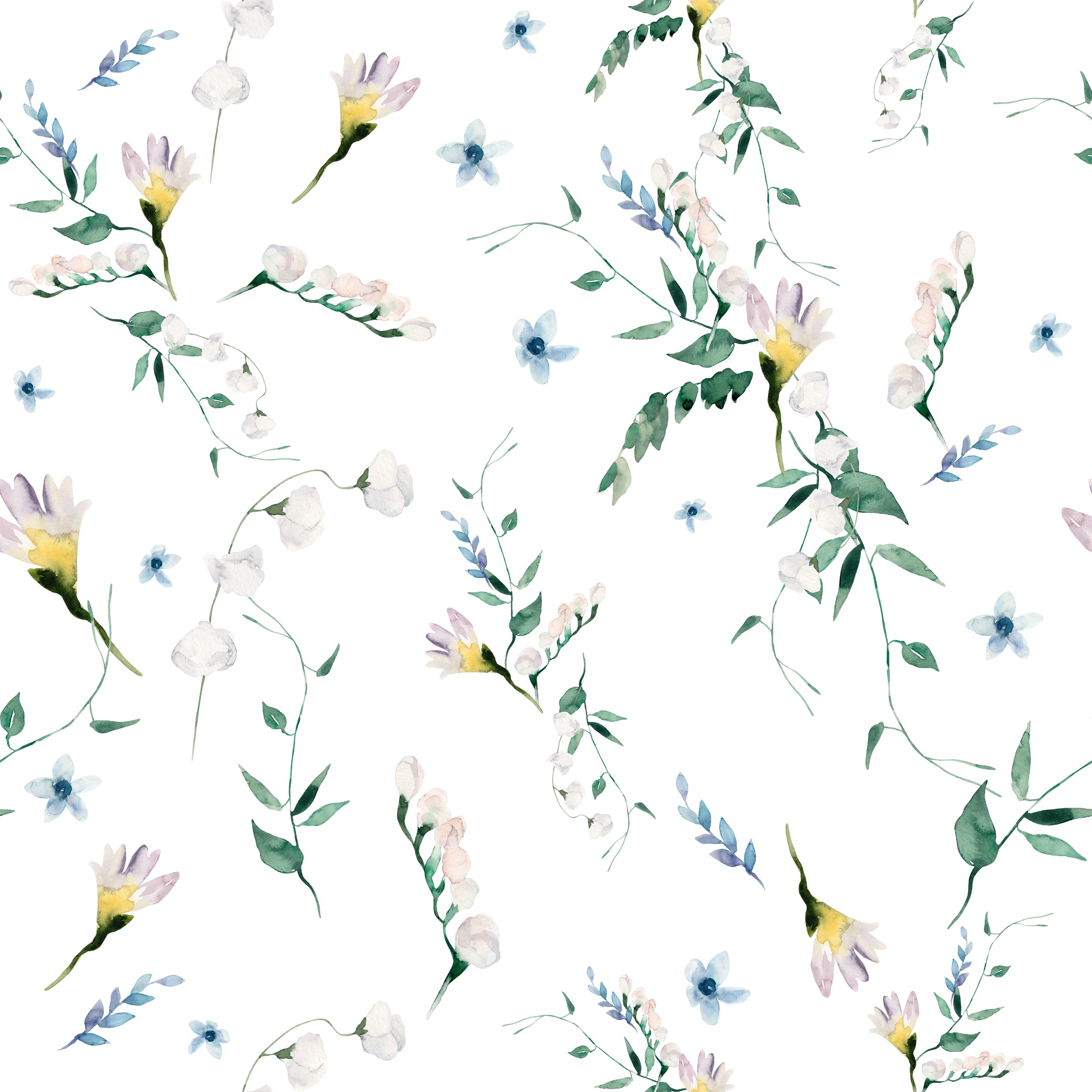 Close-up view of the Blossom Breeze Wallpaper, displaying a soft and airy pattern with small blue and yellow flowers intertwined with light green leaves on a clean white background, offering a fresh and lively botanical aesthetic.