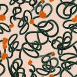 Close-up of Abstract Scribble Wallpaper featuring a playful and intricate pattern of dark green scribble loops with sparse orange brush-like flowers on a soft peach background, adding a whimsical touch to the design.