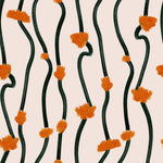 A patterned wallpaper featuring undulating dark green vines with sporadically placed burnt orange floral bursts against a light beige background. The pattern repeats uniformly across the entire image.