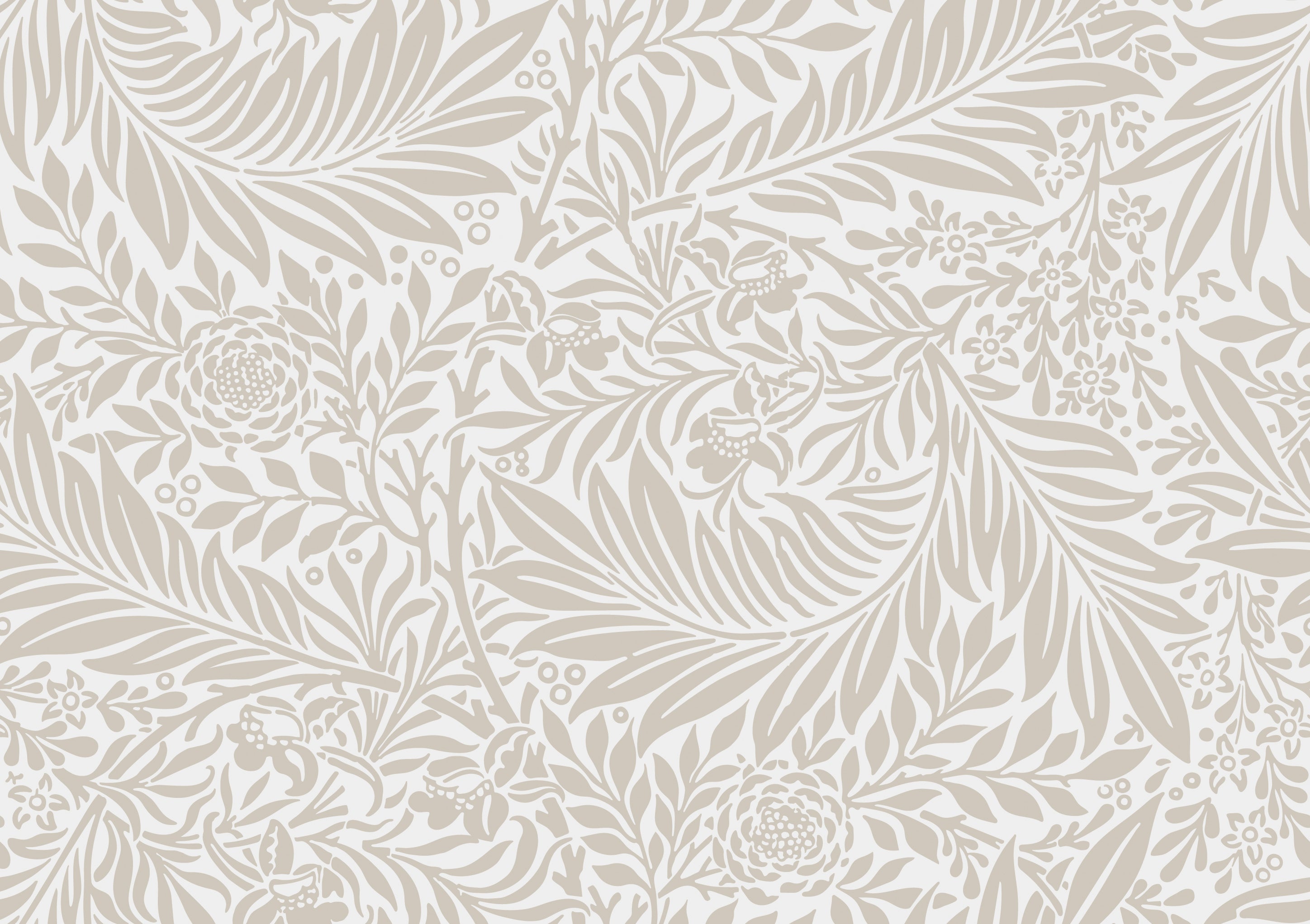 A close-up of the 'William Bough Wallpaper' detailing the intricate floral and foliage pattern in a soft taupe that evokes a vintage aesthetic.