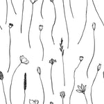 Close-up view of the 'Wildflower Sketch Wallpaper,' showcasing its delicate line art depicting various wildflowers. The simple yet sophisticated black sketches on a white background provide a serene and artistic backdrop, ideal for enhancing any living space.