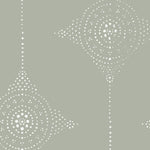 A close-up view of the Serenity Circles Wallpaper, showcasing the intricate white dot pattern forming concentric circles within a diamond shape on an olive green background. The detailed design highlights the wallpaper's subtle elegance.