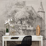Sophisticated office space featuring the 'Kasteel Soelen - Wall Mural Wallpaper'. The intricate castle depiction in muted grey tones provides a tranquil and inspiring backdrop for creative work