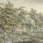A detailed segment of the 'Landscape in Eext - Vintage Wall Mural', showcasing intricate artwork with diverse tree species, shrubbery, and figures in period clothing, reflecting the tranquil Dutch countryside of the late 18th century.