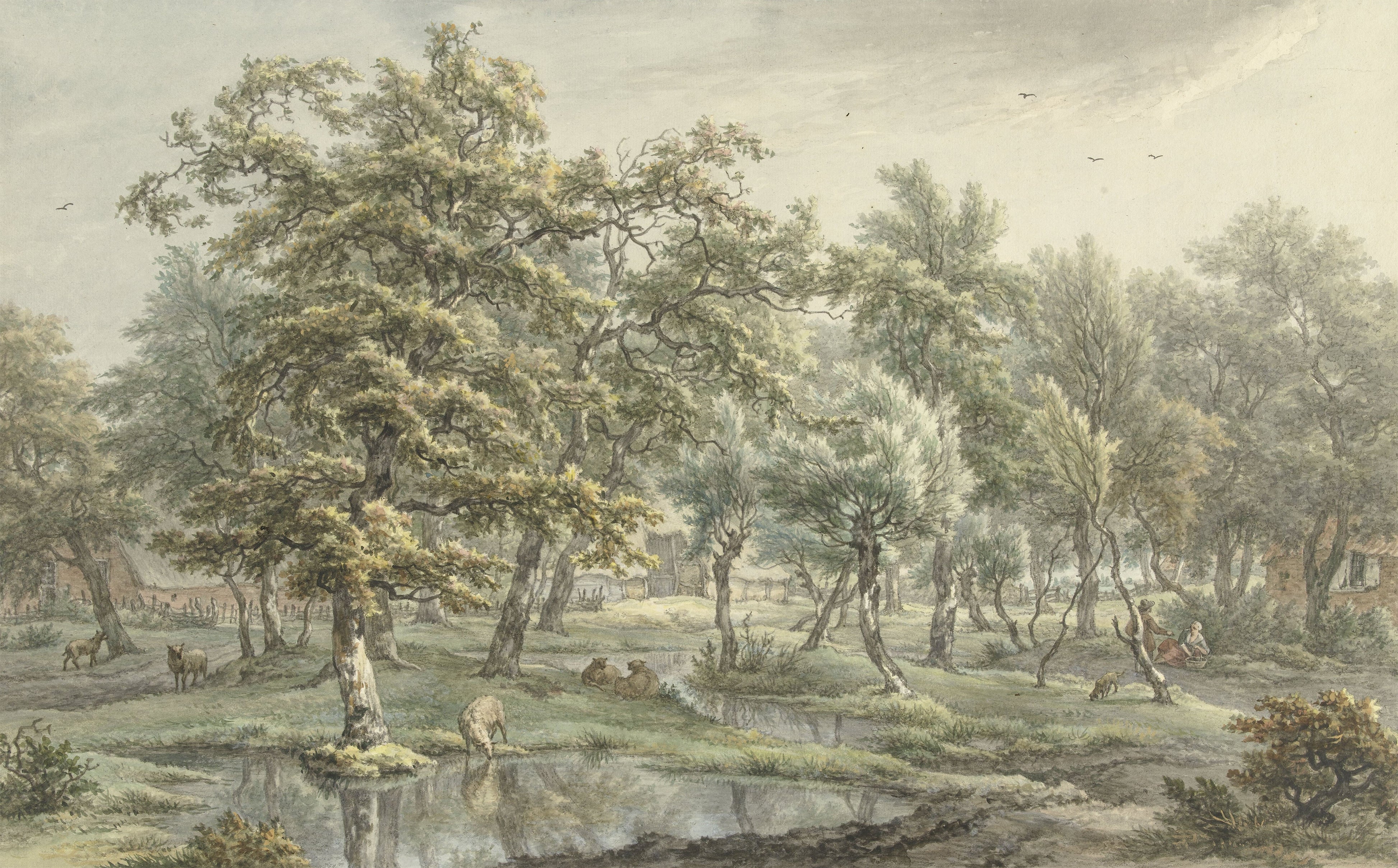 A detailed segment of the 'Landscape in Eext - Vintage Wall Mural', showcasing intricate artwork with diverse tree species, shrubbery, and figures in period clothing, reflecting the tranquil Dutch countryside of the late 18th century.