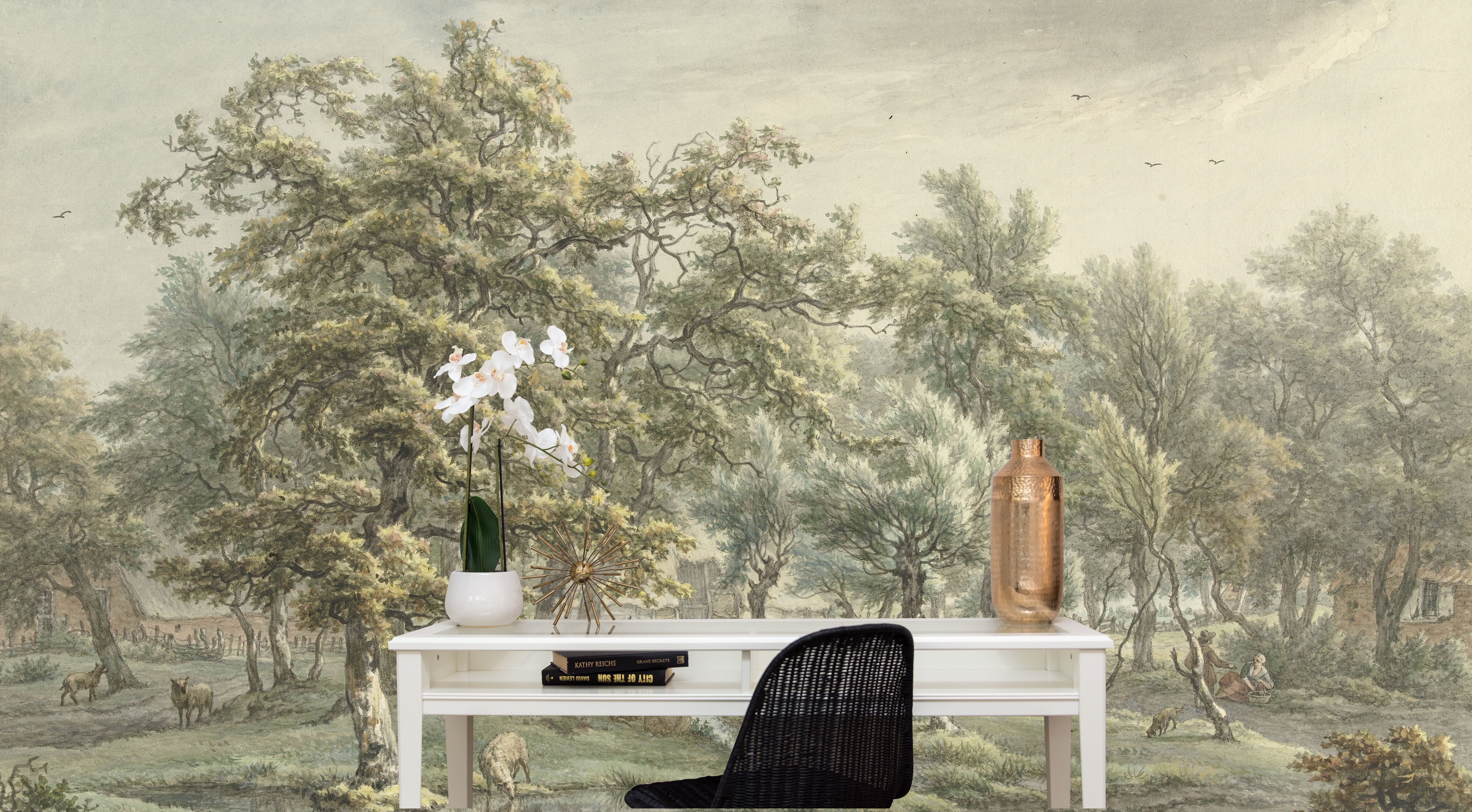 A modern office space is enhanced by a vintage wall mural titled 'Landscape in Eext', showing an expansive pastoral scene with tall trees and a lush green setting, complete with a white desk, black chair, and elegant orchid in the foreground.