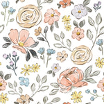 A detailed view of the Nursery Blooming Wallpaper, displaying a rich array of flowers in soft pink, yellow, and blue hues, perfect for adding a gentle and joyful touch to any child's room.