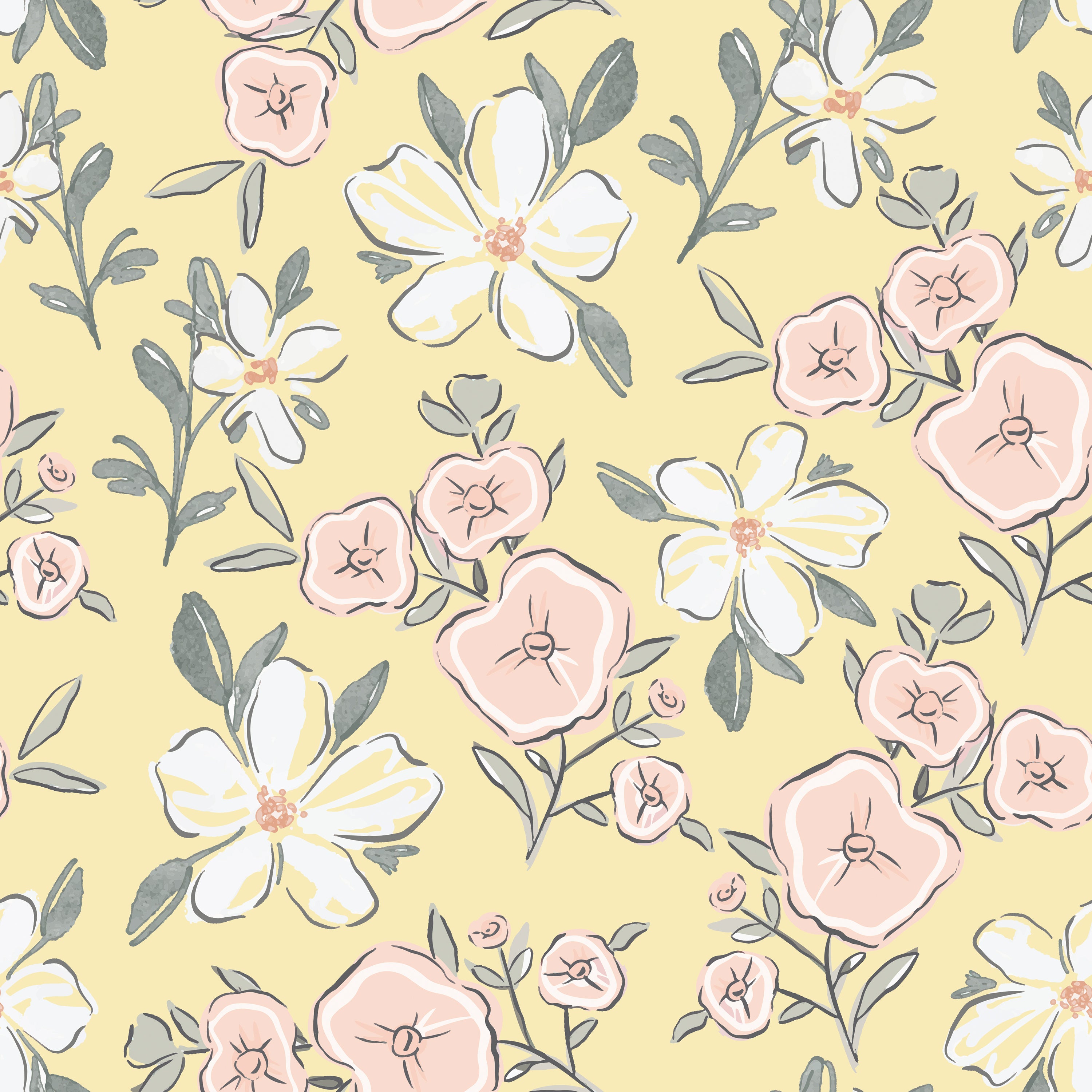 A bright and joyful floral pattern featuring pink and white blossoms with green foliage on a sunny yellow background, perfect for infusing a nursery or play area with warmth and cheer.