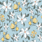 A vibrant wallpaper pattern featuring yellow and white flowers with green foliage on a light blue background, creating a cheerful and inviting atmosphere perfect for a nursery or child’s room.