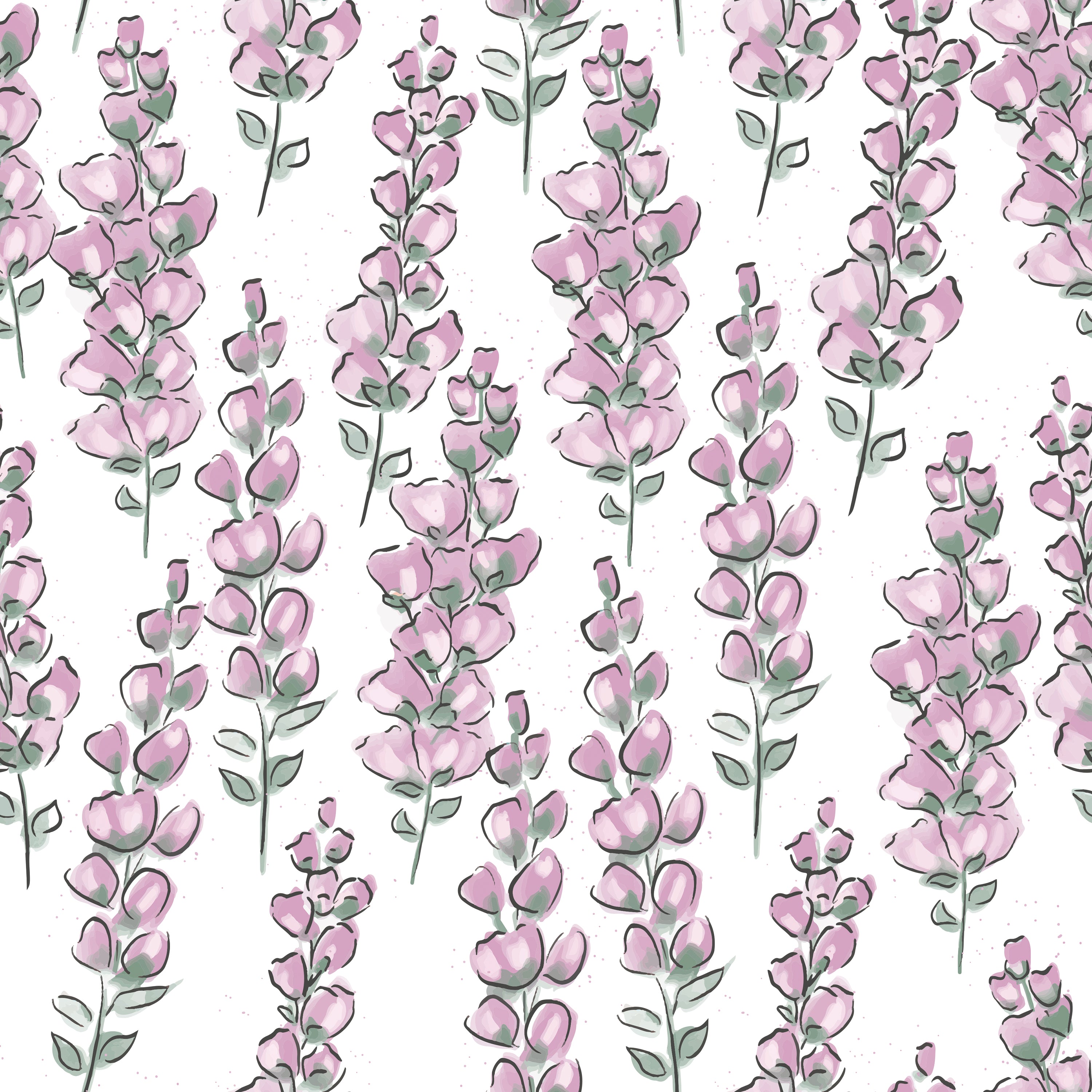 A seamless pattern showing multiple stalks of pink watercolor flowers delicately painted, providing a soft and gentle appearance ideal for a nursery or child's room.