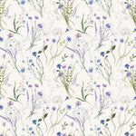 A close-up view of the Wildflower Bouquet Wallpaper, displaying a detailed and vibrant pattern of various wildflowers in blue and purple, intertwined with lush greenery, creating a refreshing and natural feel.
