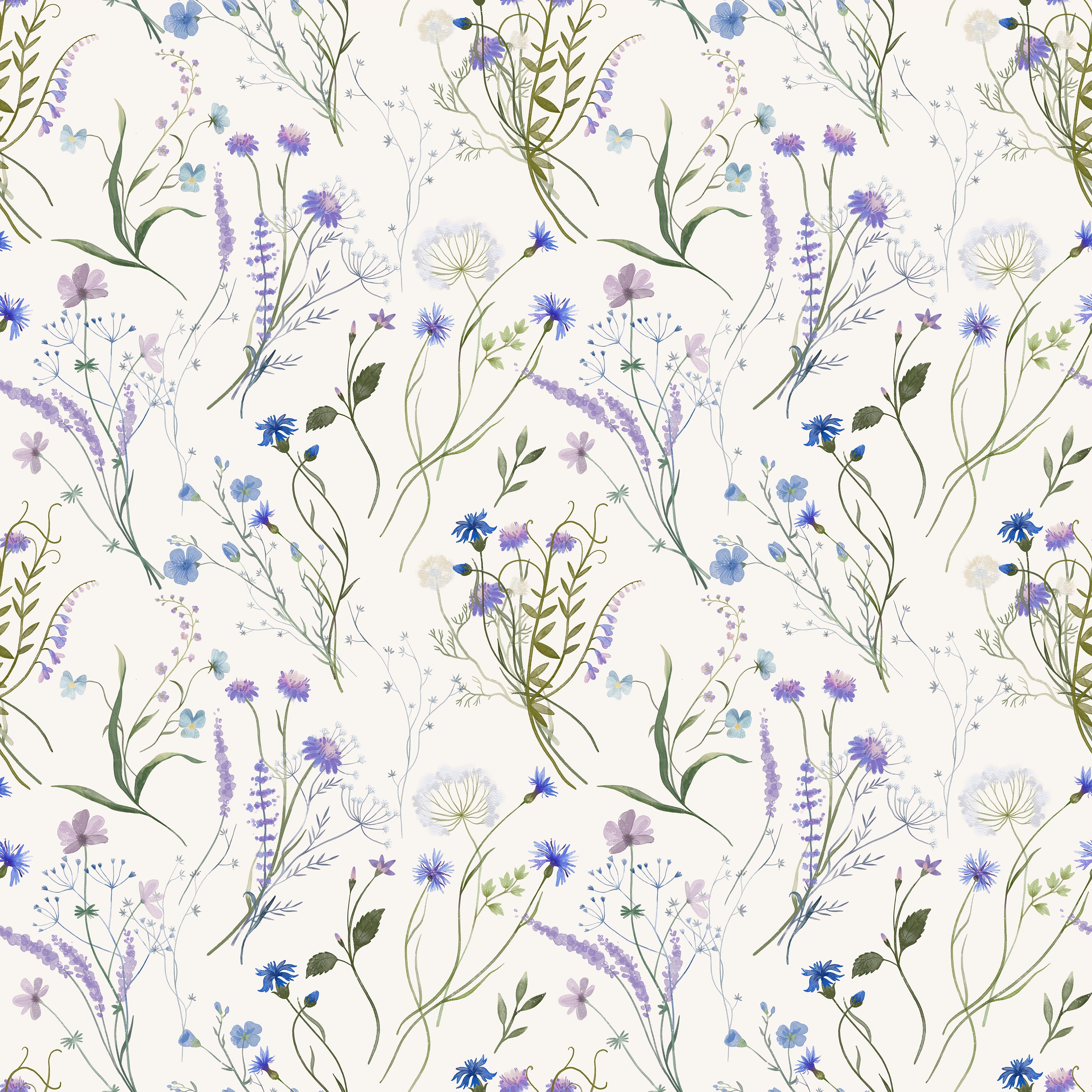 A close-up view of the Wildflower Bouquet Wallpaper, displaying a detailed and vibrant pattern of various wildflowers in blue and purple, intertwined with lush greenery, creating a refreshing and natural feel.