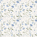 A close-up of the Wildflower Bouquet Kids Wallpaper, showcasing its detailed and vibrant design with various blue wildflowers and lush green leaves spread across a crisp white backdrop, creating a fresh and lively atmosphere.