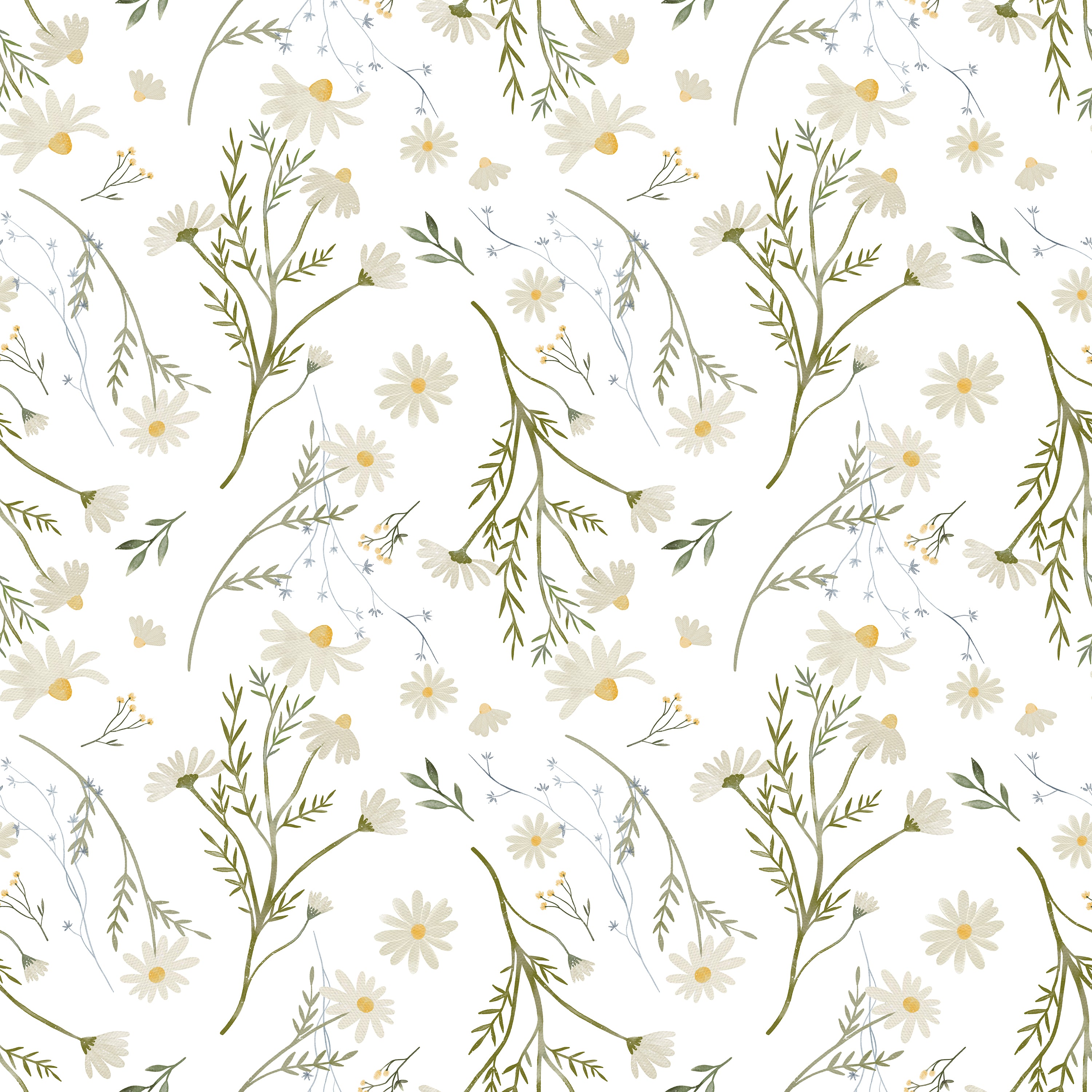 A close-up view of Daisy Bouquet Wallpaper displaying a repeating pattern of hand-painted wild daisies with yellow centers and green stems, intermingled with subtle blue accents, on an off-white background, conveying a tranquil and natural atmosphere