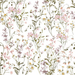 Close-up view of the WildFloral Wallpaper, showing the intricate and soft watercolor flowers pattern in detail. The design features a variety of wildflowers in full bloom with gentle pink, lilac, and cream hues set against a clean white background.