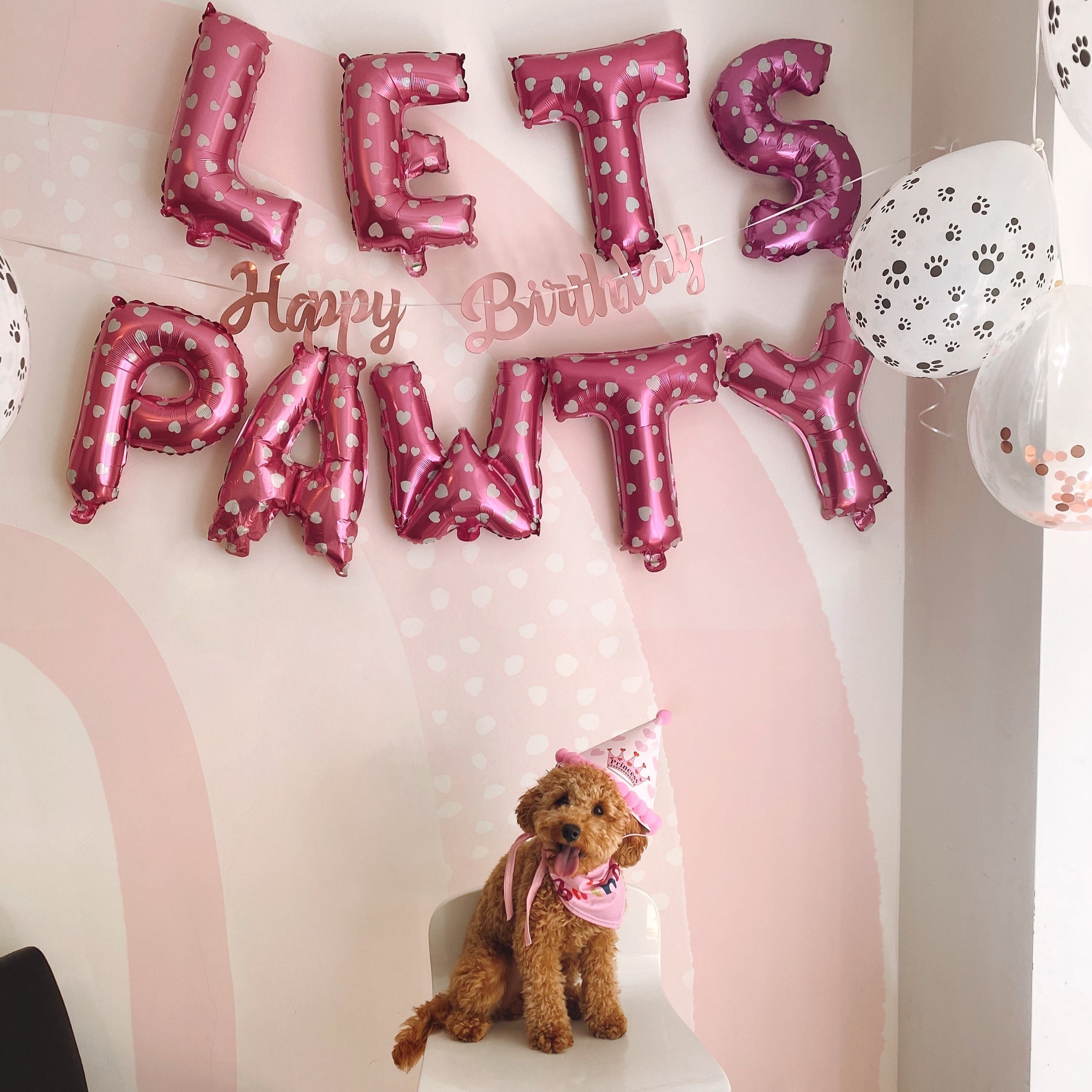 A delightful setting for a pet’s birthday party with the Cute Rainbow Wallpaper Mural - Celeste in the background. The room is decorated with pink balloon letters spelling "LET'S PAWTY" and a happy birthday banner, with a playful puppy wearing a birthday hat, enhancing the joyous atmosphere.