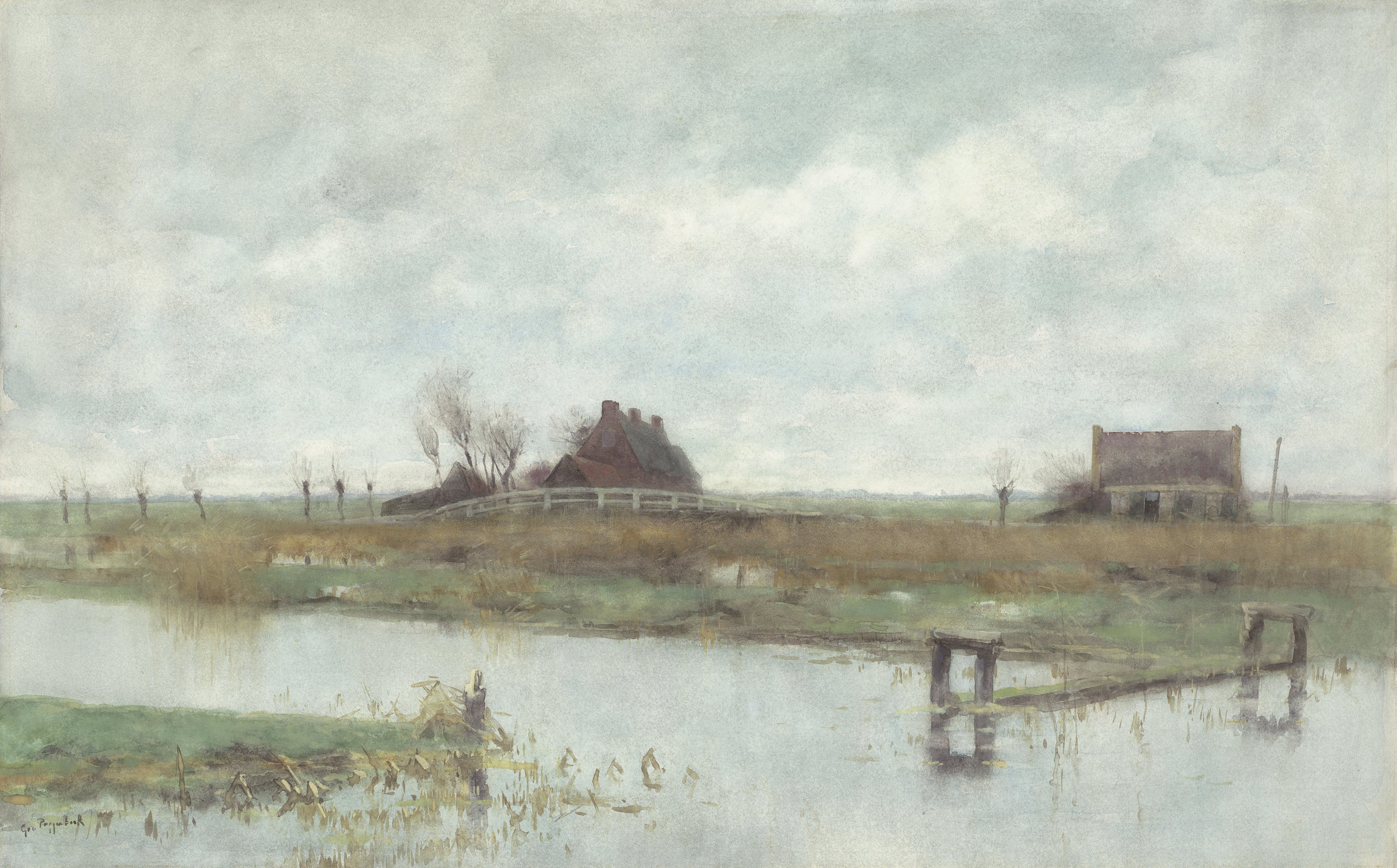 Detailed view of the River Landscape - Vintage Mural, highlighting its soft color palette and the delicate portrayal of a rustic countryside. The scene includes a tranquil river, rustic homes, and a sparse landscape, captured with artistic brushstrokes that convey a sense of calm and timelessness.