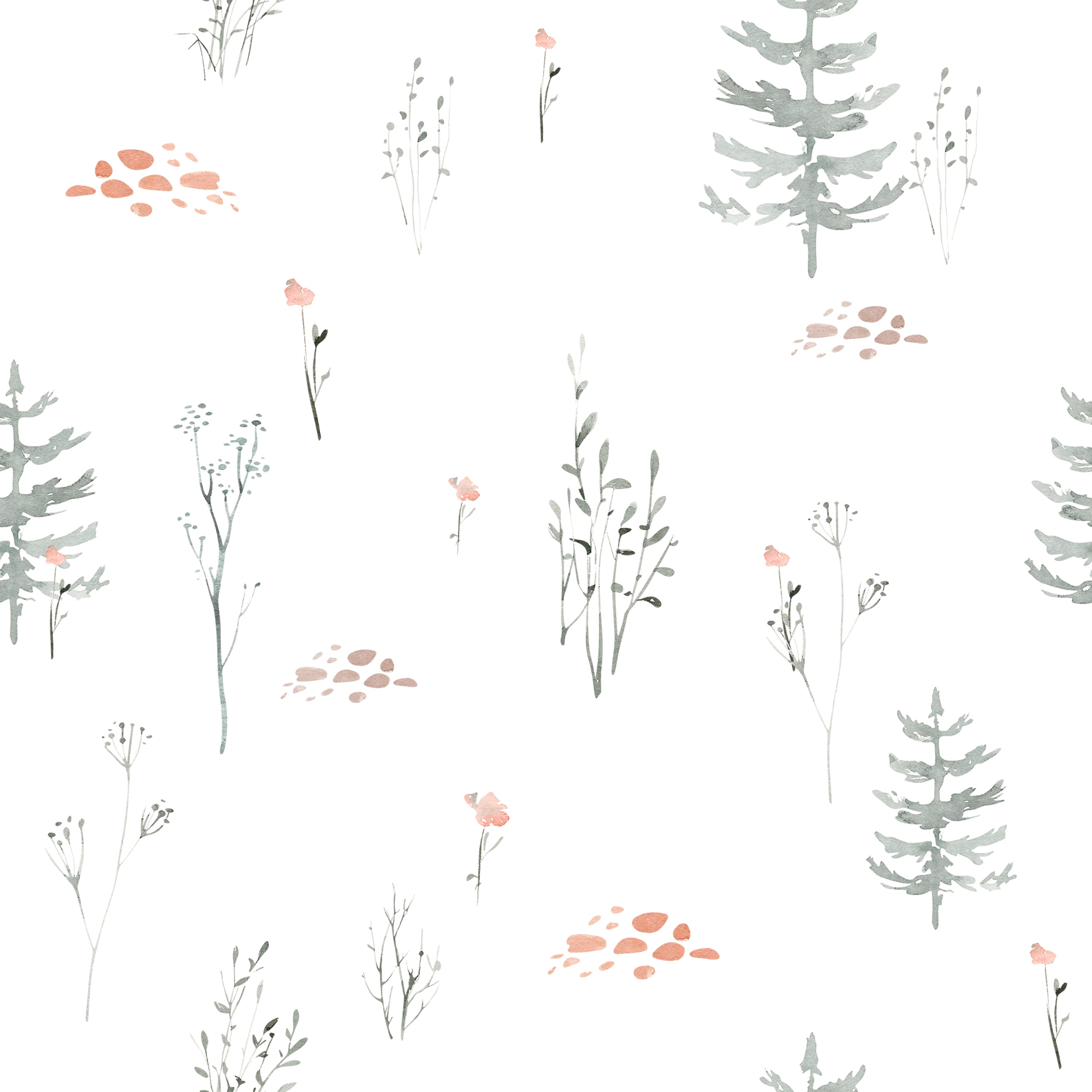Seamless pattern of the Pine Tree Wallpaper, featuring delicate watercolor illustrations of pine trees, small plants, and clusters of stones in soft gray and pale orange tones on a white background. The design exudes a tranquil, natural feel, ideal for adding a serene touch to any space.