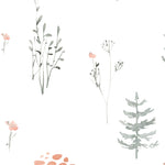 Seamless pattern of the Pine Tree Wallpaper, featuring delicate watercolor illustrations of pine trees, small plants, and clusters of stones in soft gray and pale orange tones on a white background. The design exudes a tranquil, natural feel, ideal for adding a serene touch to any space.