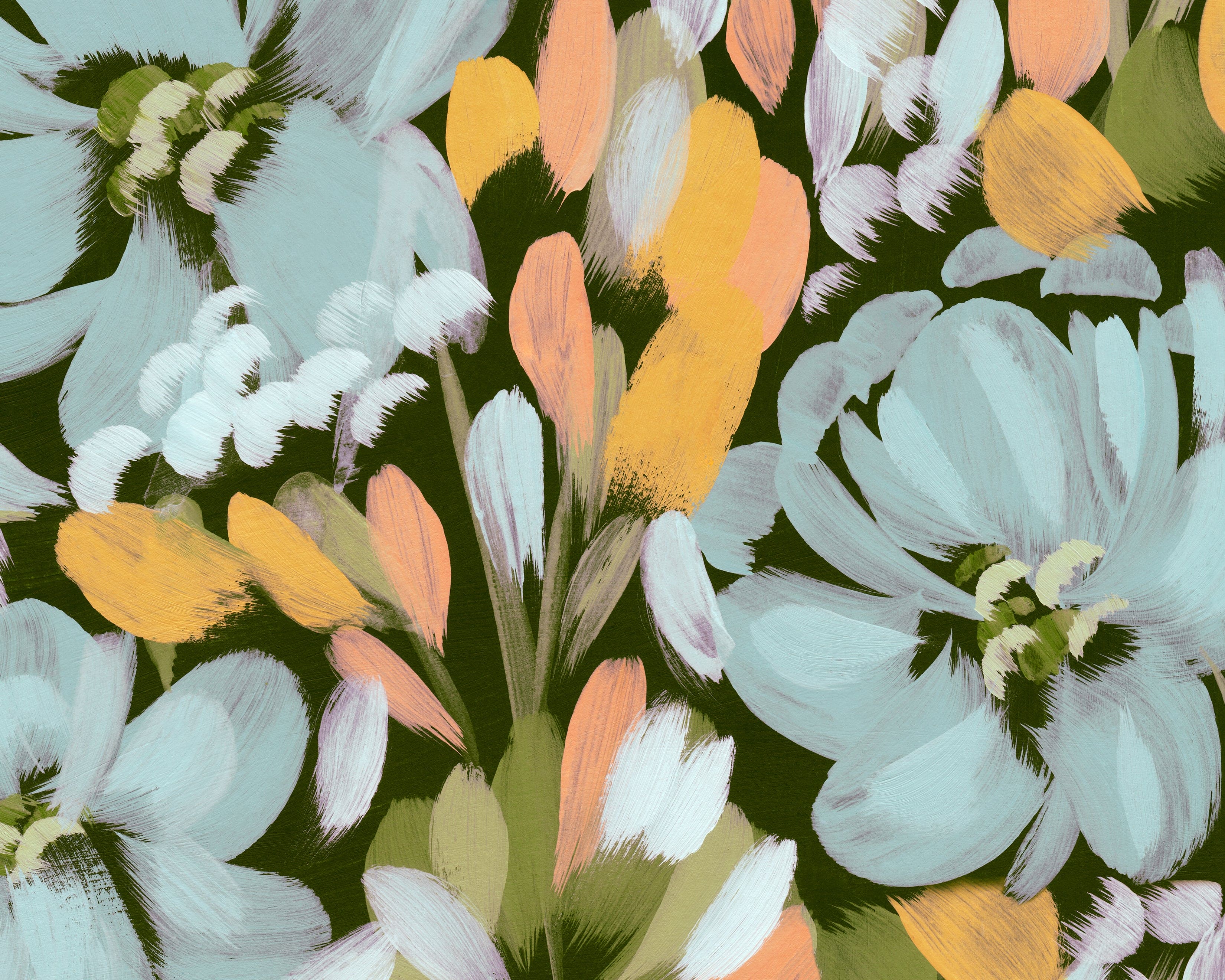 Close-up view of the Summer Floral Mural Wallpaper, showcasing the painterly strokes and bold color contrasts of the abstract flowers, creating a striking visual impact that mimics a modern art piece with a warm, summery vibe.