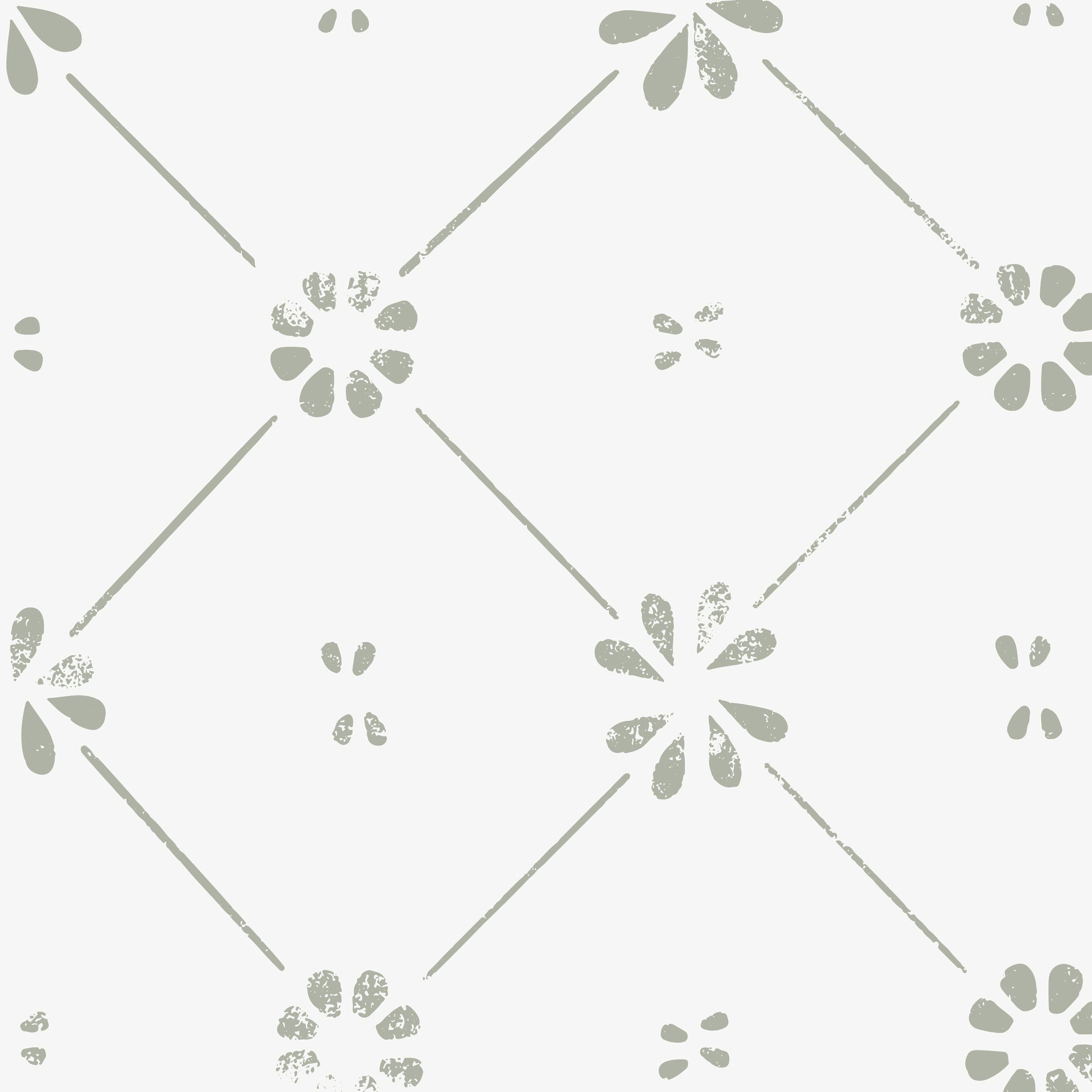 A close-up view of the Floral Lattice Wallpaper, showcasing the intricate green floral design and lattice pattern on a white background. The pattern includes small flower clusters connected by fine lines, creating a subtle and elegant look.