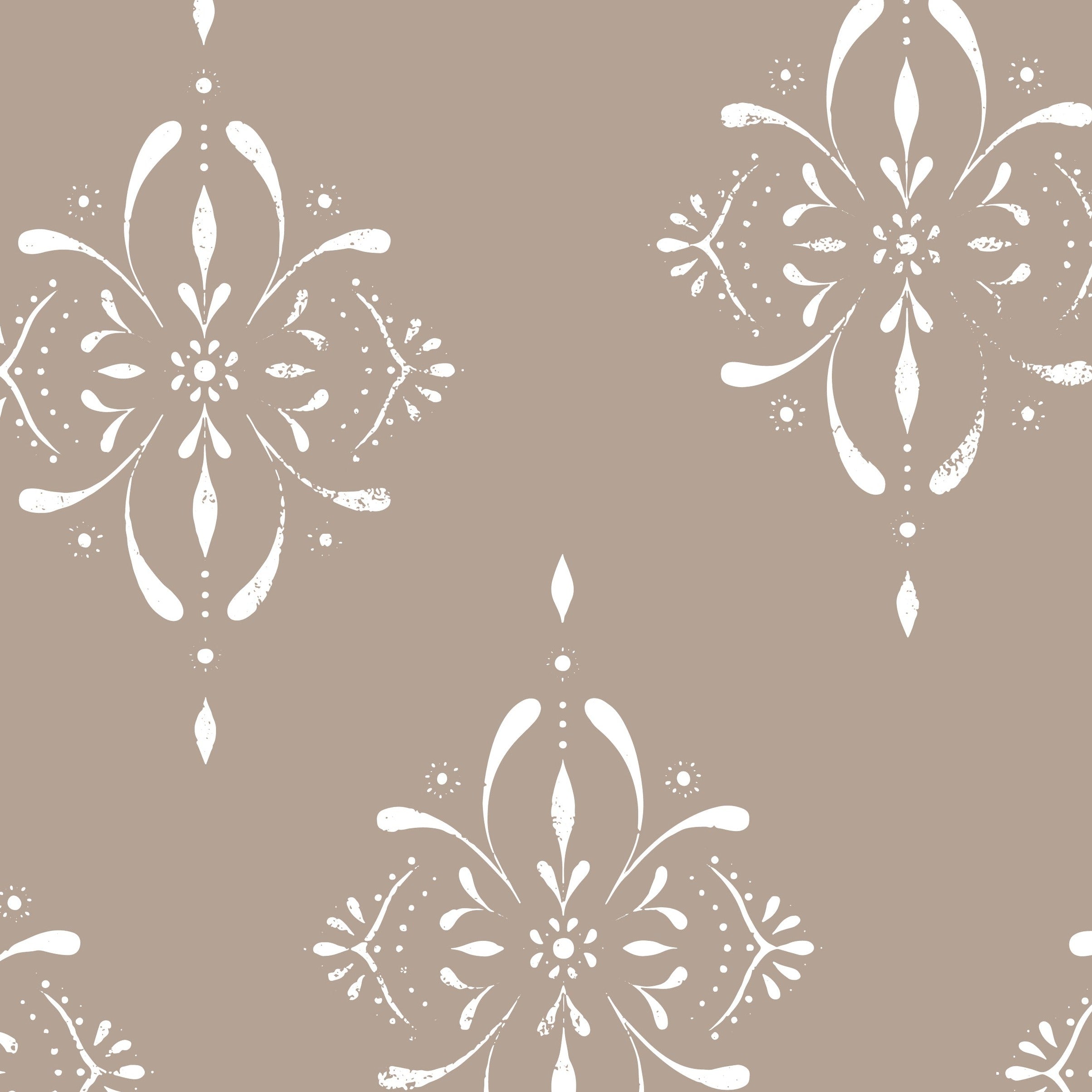 A close-up view of the Rustic Elegance Wallpaper, highlighting the intricate white floral design on a beige background. The pattern showcases detailed, symmetrical floral elements with a vintage feel.
