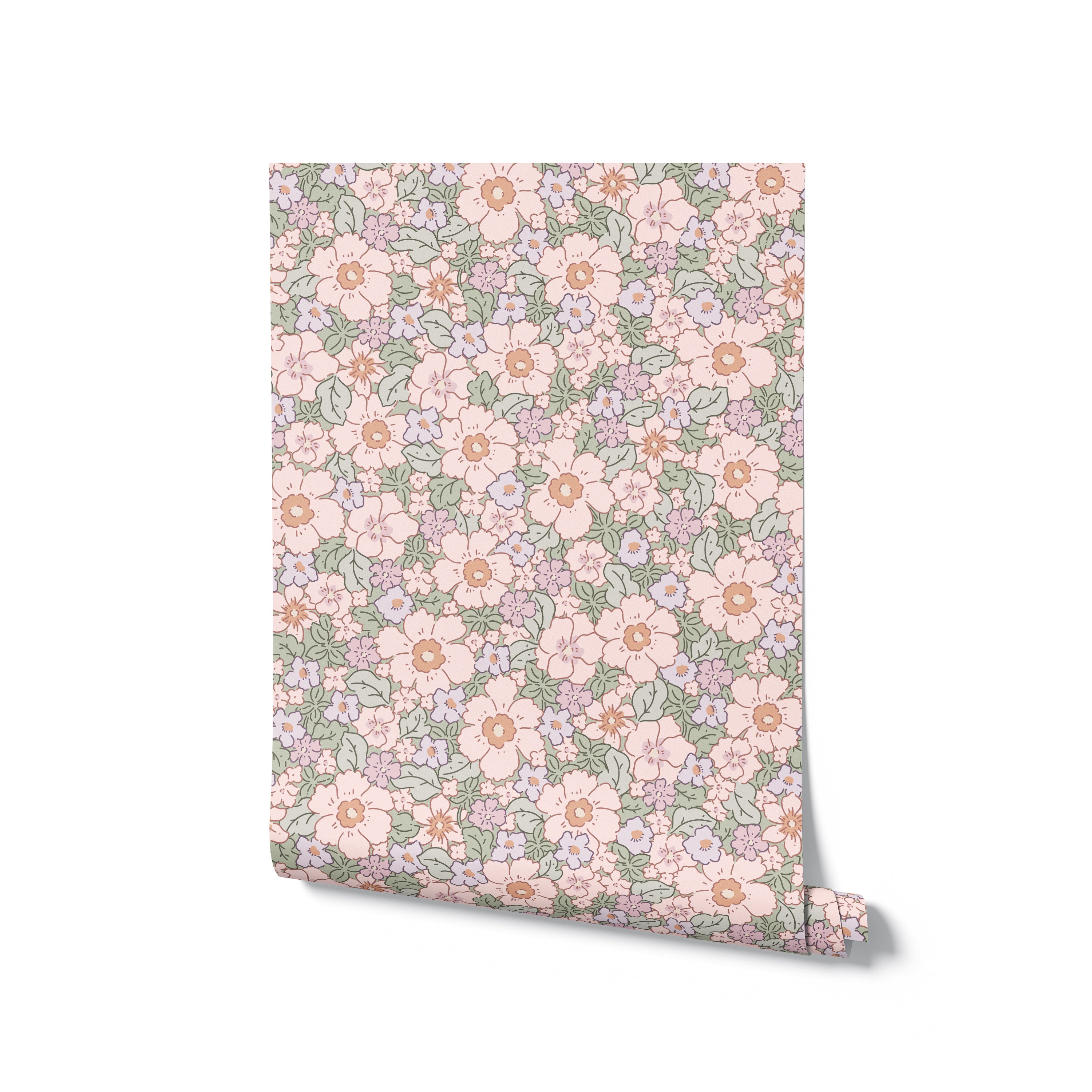 A roll of Floral Joy Wallpaper displaying a detailed and colorful pattern of small pastel flowers and green leaves on a light pink background, perfect for adding a cheerful and inviting touch to any space.