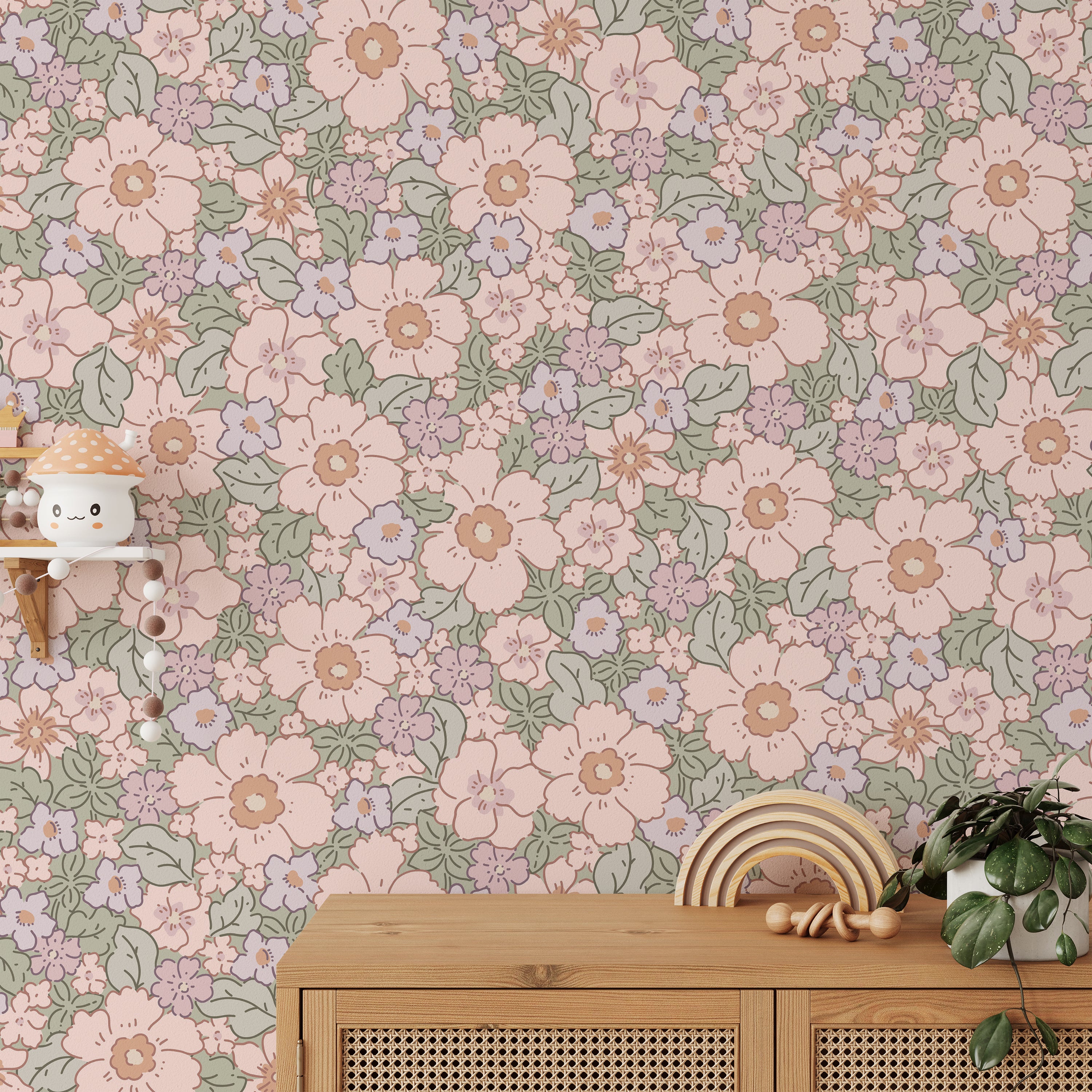 A charming nursery room decorated with Floral Joy Wallpaper, showcasing a rich floral pattern in soft pastel colors that complement the playful children's toys and wooden furniture, enhancing the room's whimsical atmosphere