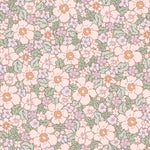 Close-up view of Floral Joy Wallpaper featuring a dense pattern of pastel flowers in shades of pink, peach, and blue, interspersed with green foliage on a soft pink background, creating a lush and vibrant look.