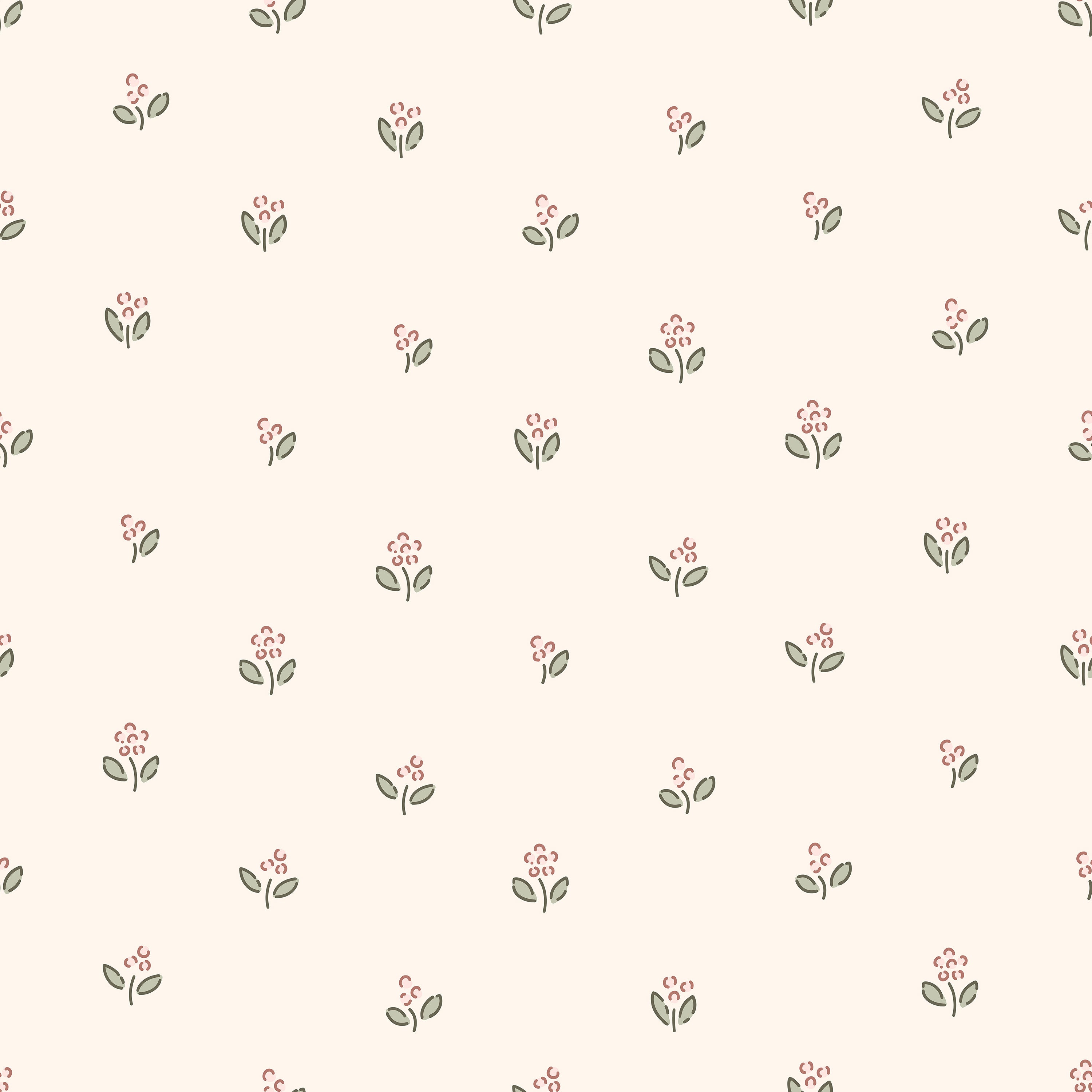 A close-up view of the Mini Floral Joy Wallpaper featuring a delicate pattern of tiny floral clusters in soft pink and green hues on a light beige background, exuding a subtle and charming aesthetic
