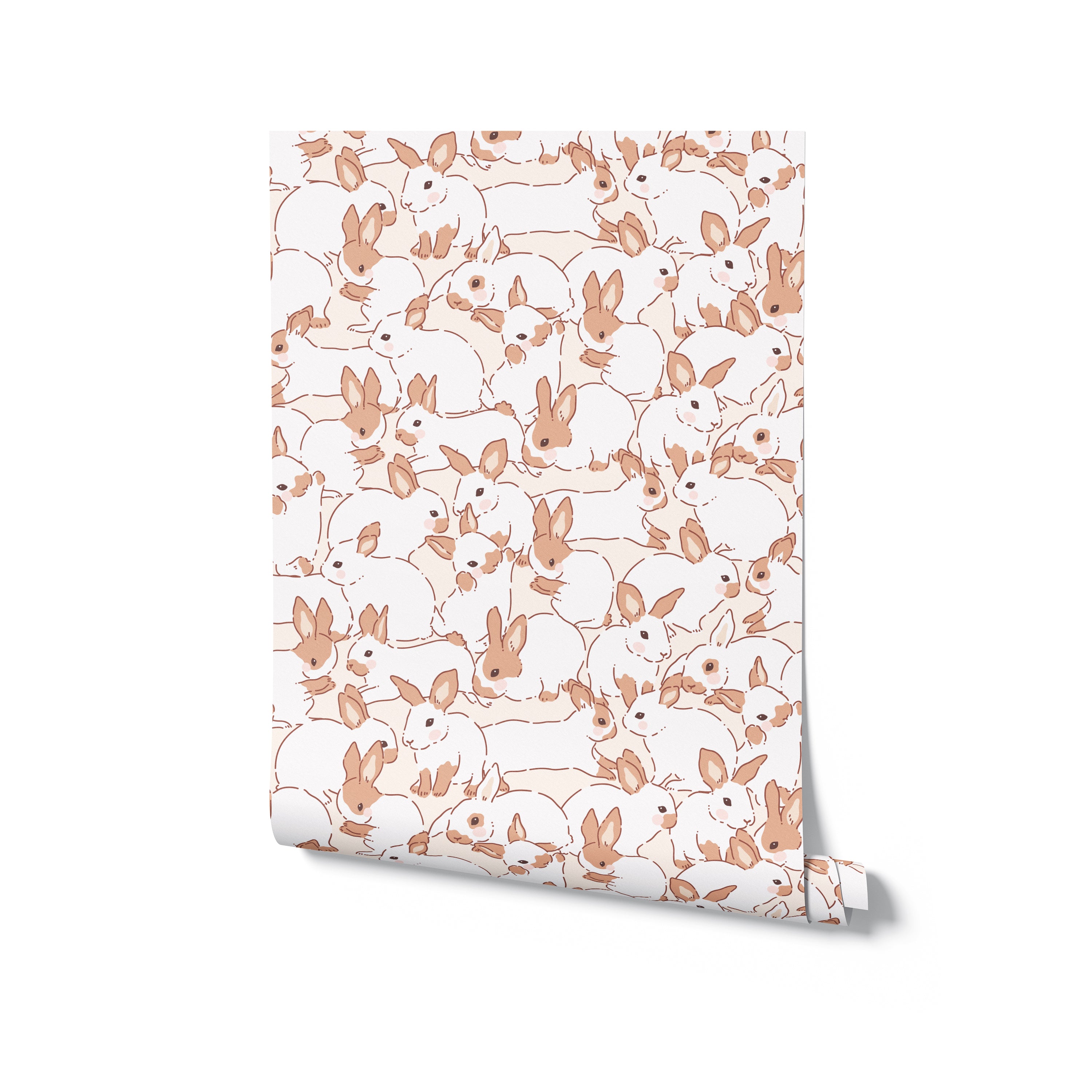  A roll of Lapinou Wallpaper displayed against a white background. The wallpaper features a repeating pattern of beige bunnies on a cream-colored backdrop, creating a soft and inviting design suitable for various spaces.