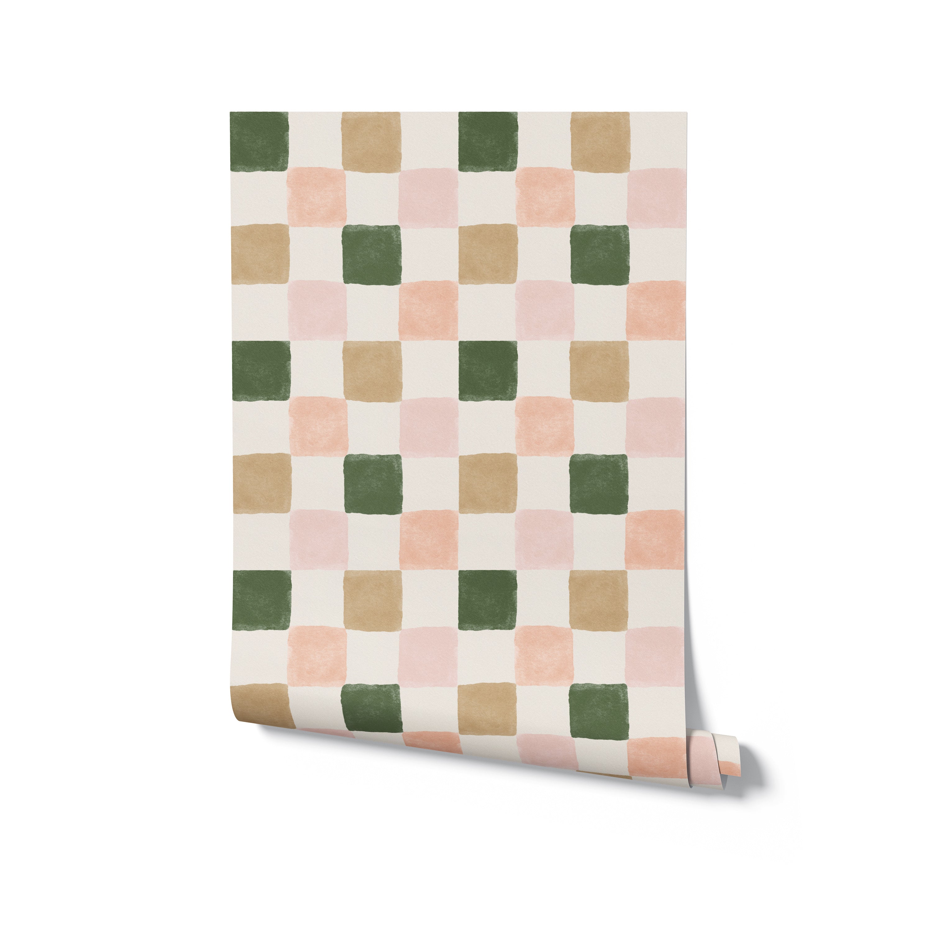 A flat lay view of a single roll of Clémence Wallpaper II. The roll showcases the checkered pattern with soft, brushed squares in green, beige, pink, and white, emphasizing the textured and vibrant design.