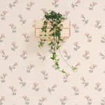 An elegant interior scene featuring Chara Wallpaper with a charming pattern of pink floral blooms and subtle green foliage on a cream background. A wooden box shelf on the wall is adorned with a lush green plant draping over the sides, complementing the floral theme of the wallpaper.