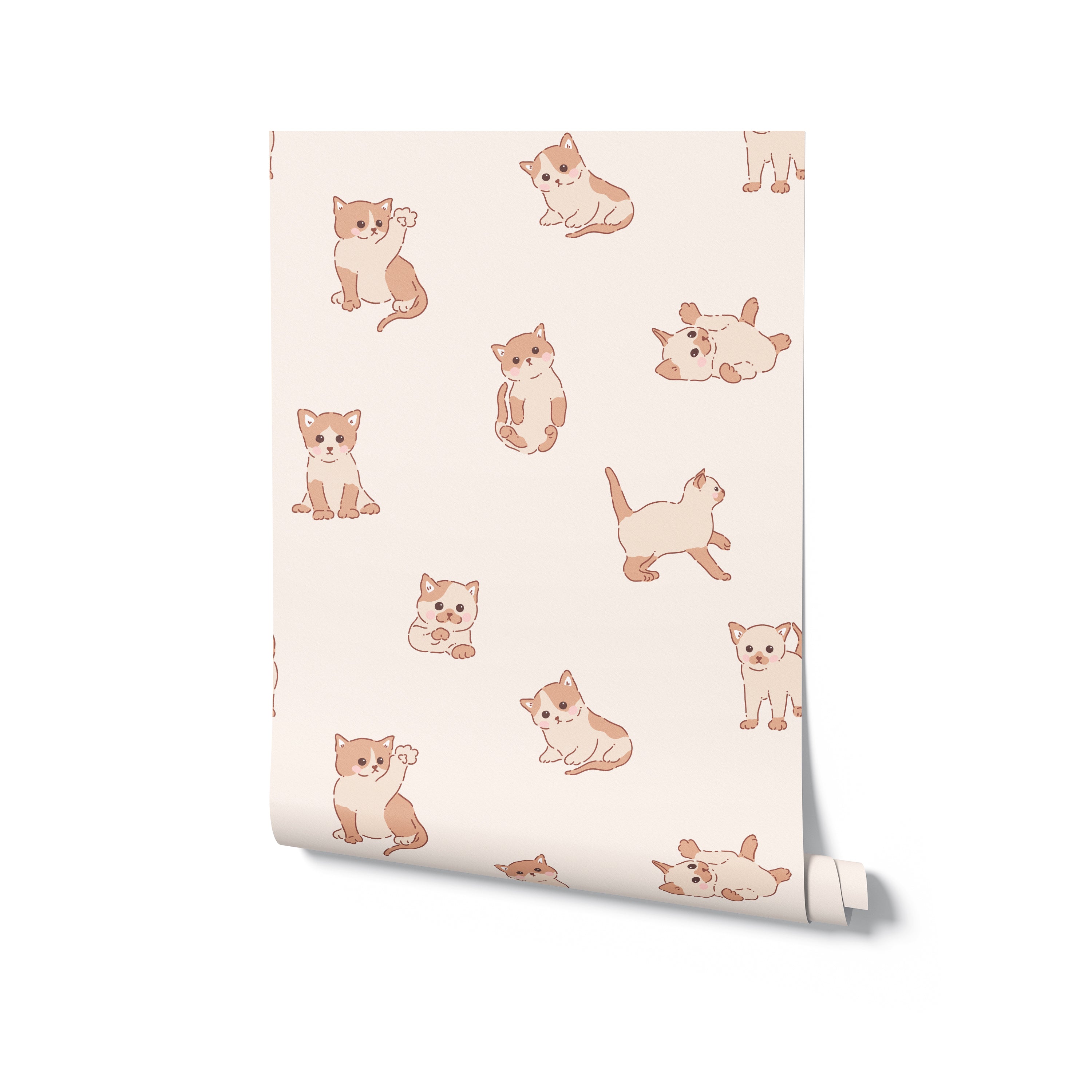 A roll of Chaton Wallpaper unfurled against a white background, depicting a series of cute beige and brown kittens in various playful poses on a soft peach background, perfect for adding a touch of playful charm to any room.