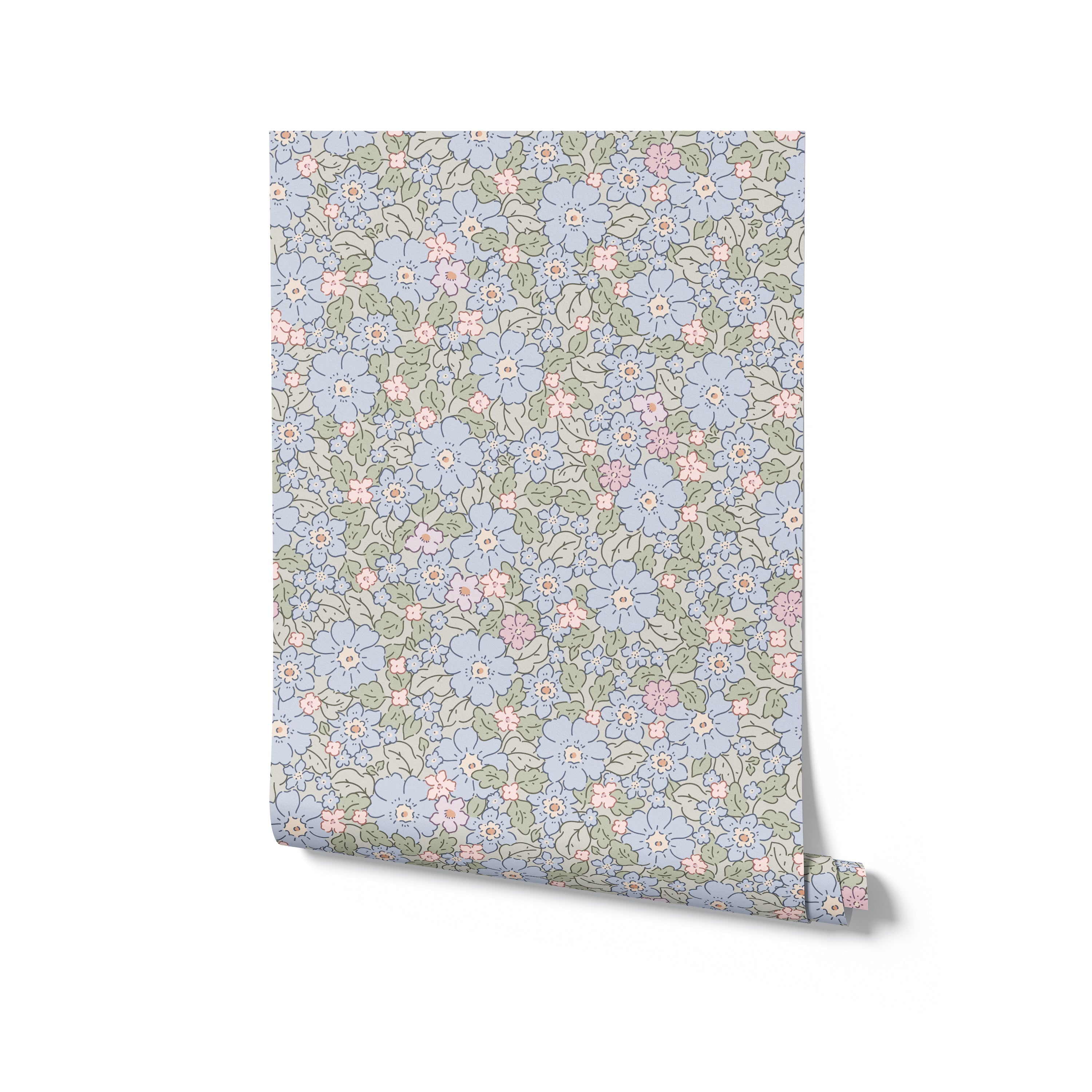 A roll of Joie Wallpaper presented against a white background, depicting a lush pattern of blue and pink flowers with green foliage on a light green base. This wallpaper offers a delightful burst of color, ideal for bringing life and vibrancy to any interior space.