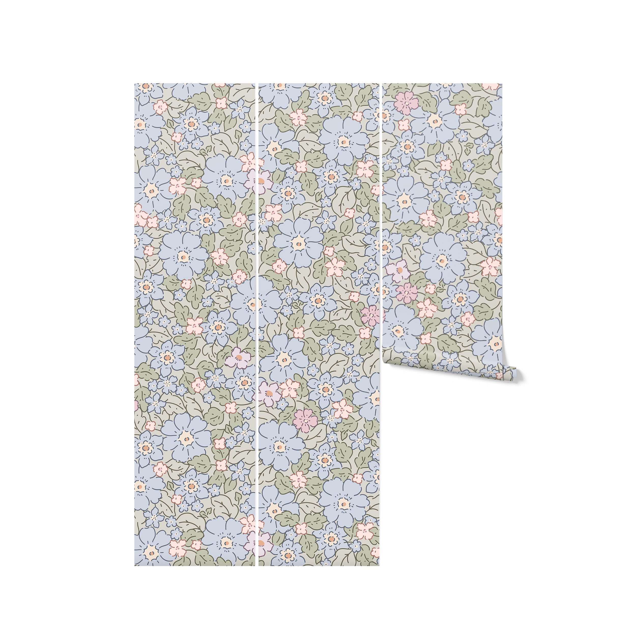 A folded display of Joie Wallpaper showing the detailed floral design in shades of blue, pink, and green on a light green base. This wallpaper brings a delightful touch of nature and color, suitable for enhancing any room with its charming and lively floral motif.