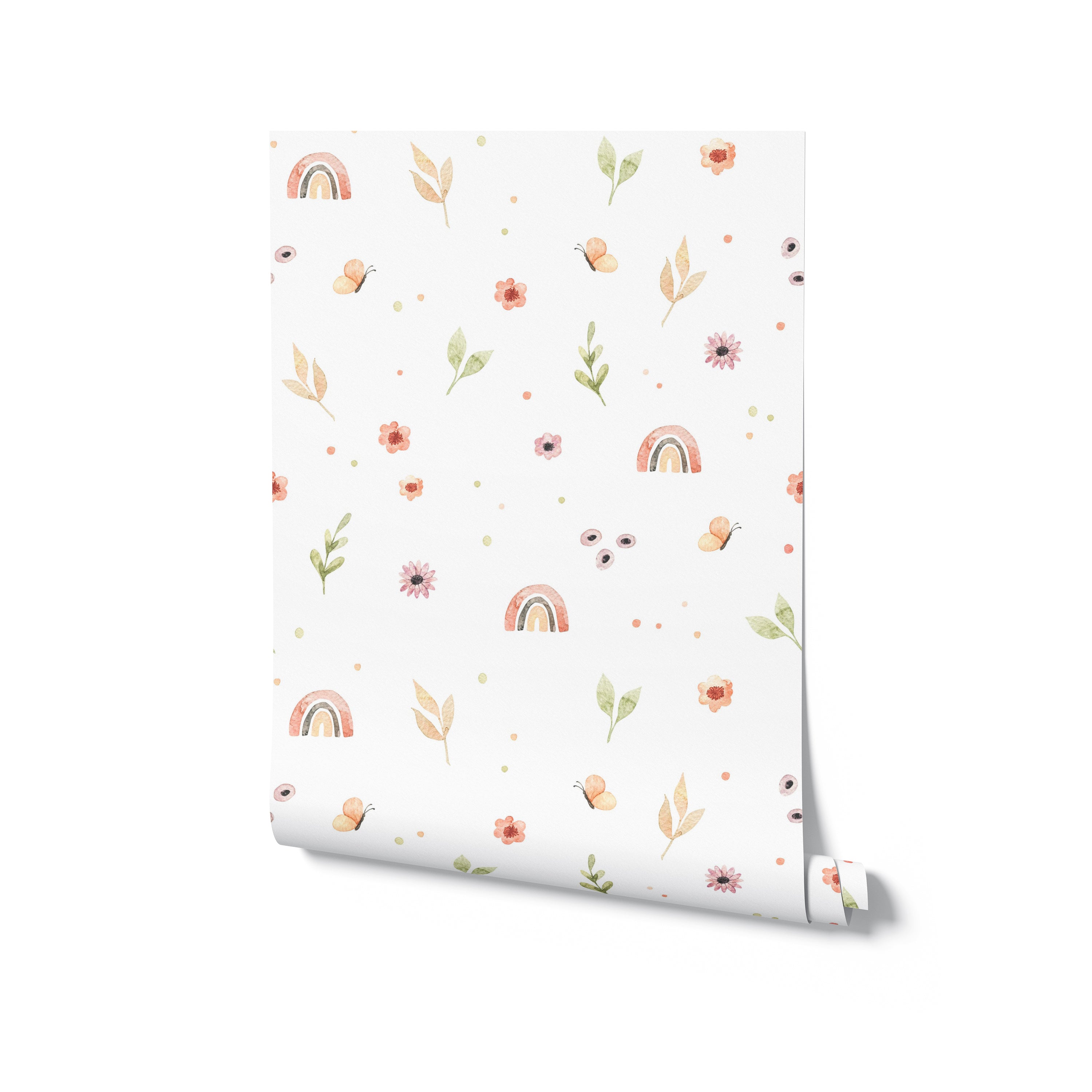 Roll of Rainbows and Flowers Wallpaper unfurled slightly to display the charming pattern of pastel rainbows, delicate flowers, and foliage in a watercolor style.