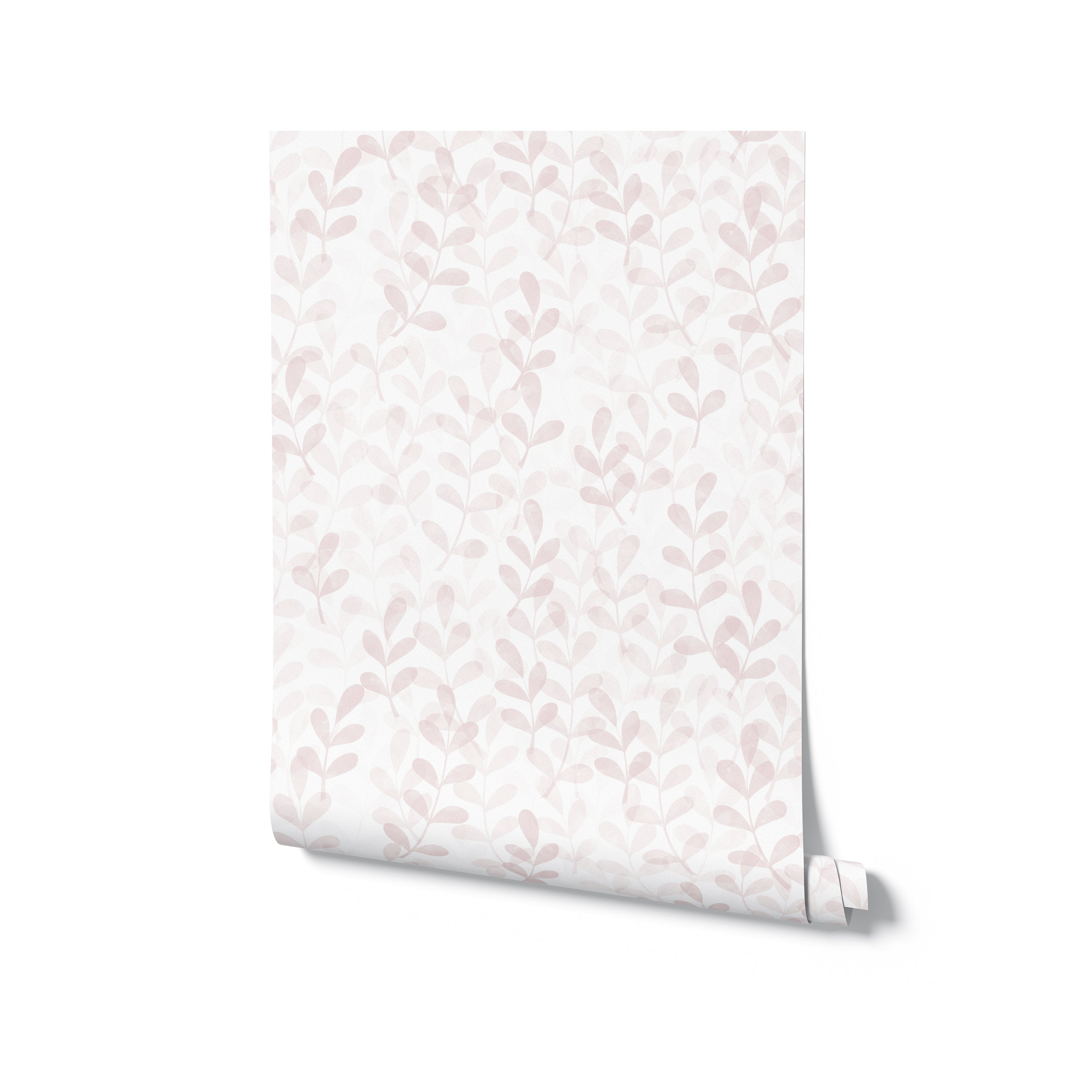 A roll of wallpaper featuring a light pink leafy pattern on a white background. The small leaves are arranged vertically, giving the design a gentle and elegant feel.