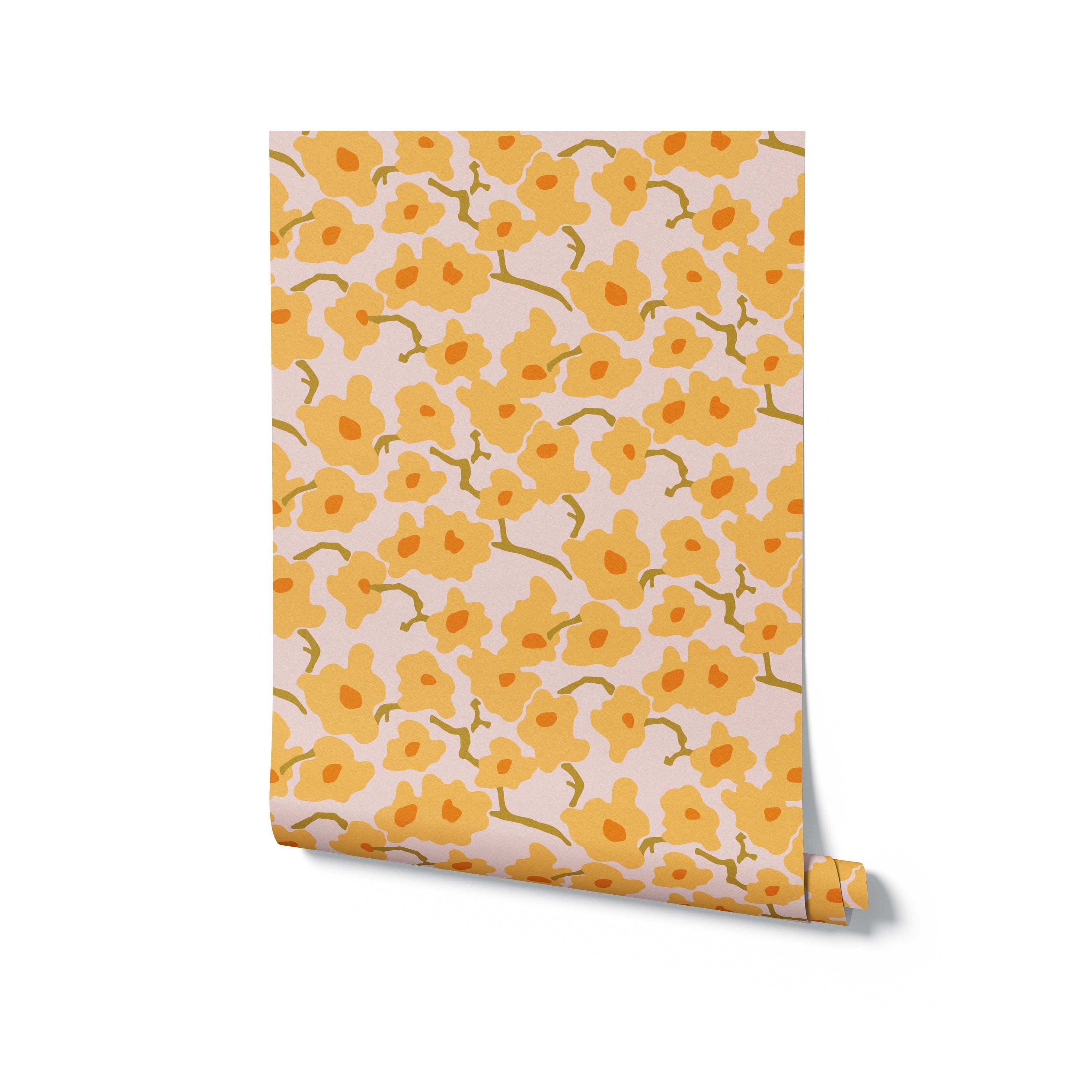 Rolled view of Abstract Meadow Wallpaper, illustrating the whimsical floral pattern with yellow blooms on a pink backdrop. The roll is slightly uncurled, showing the repeat pattern ready to transform any room with its charming and sunny disposition.