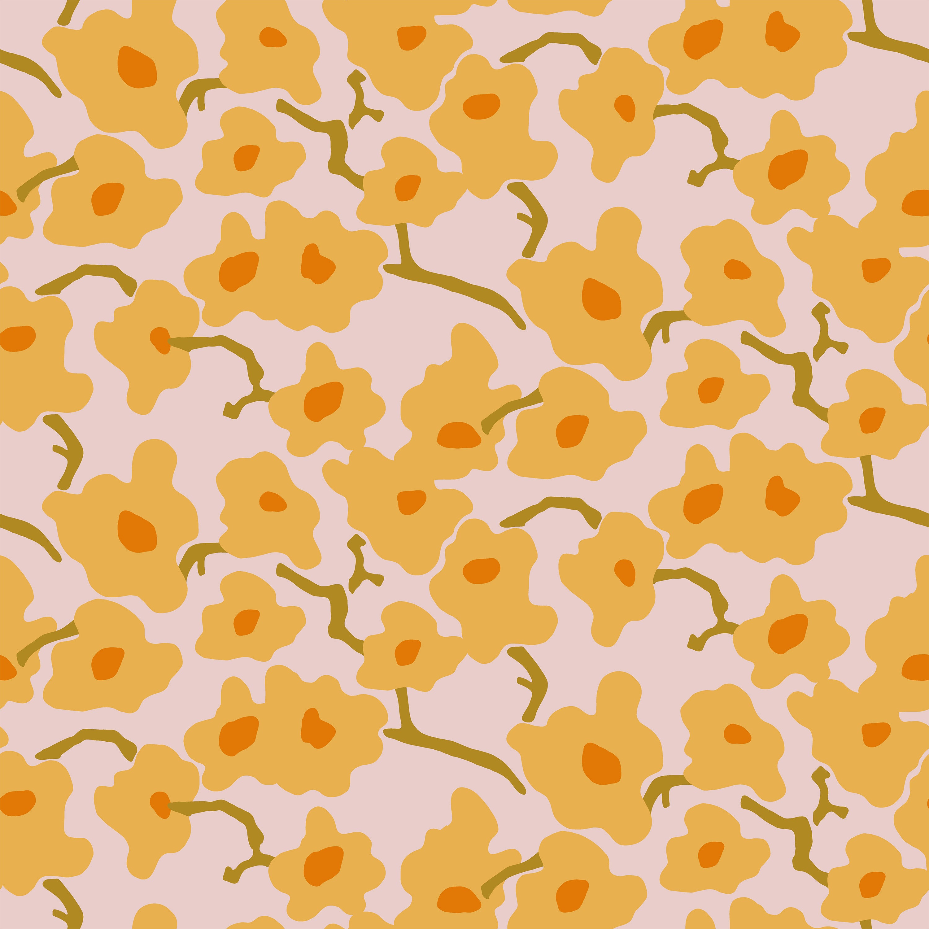 Close-up view of Abstract Meadow Wallpaper showing a playful and colorful floral pattern with small yellow flowers connected by thin stems on a soft pink background. This design brings a lively, spring-like feel to any room.