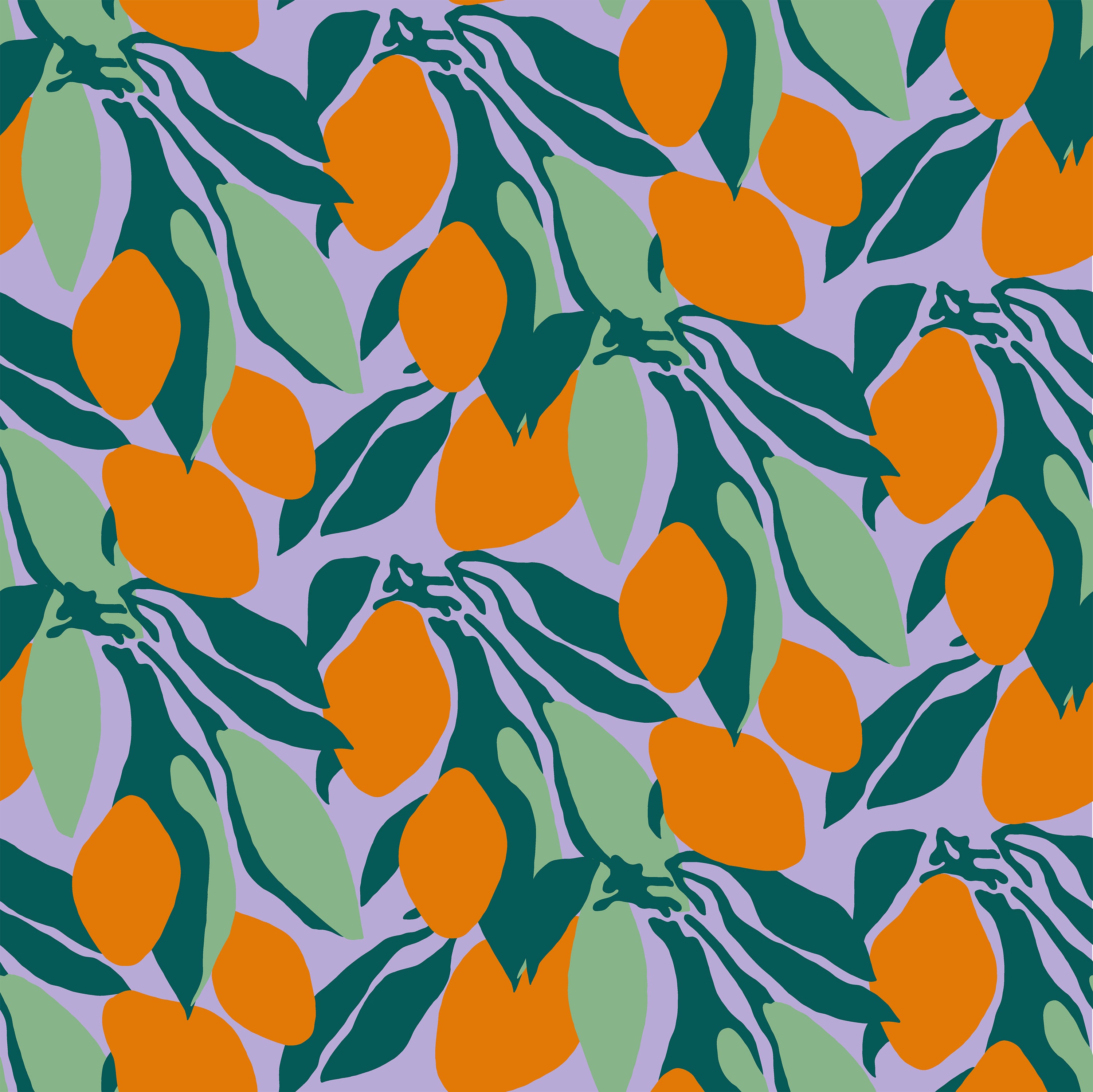 A seamless pattern featuring stylized orange fruits on branches with leaves, set against a purple background. The pattern shows bright orange fruit clusters and vibrant green leaves, offering a fresh, tropical aesthetic.