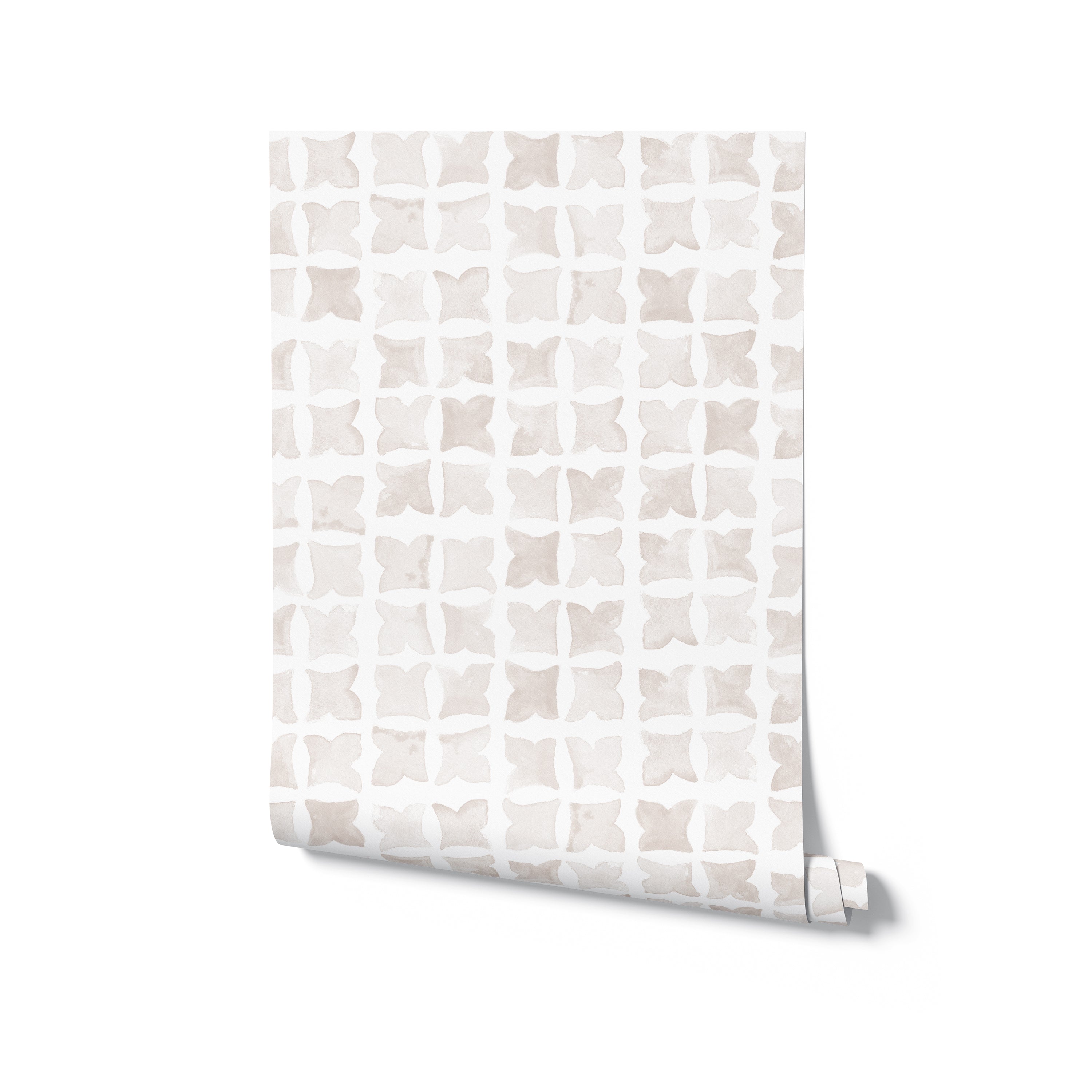 This image shows a single roll of Moroccan Tile - Squares wallpaper unfurled slightly to reveal the pattern. The wallpaper has a matte finish with a watercolor effect, displaying the consistent beige square shapes on a white background. The roll suggests the wallpaper's readiness for application in a home improvement setting.