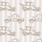 A close-up of the Antique Auto Wallpaper showcasing detailed vintage car drawings in a beige and white color scheme. The pattern consists of various antique car models arranged in rows on a striped background.