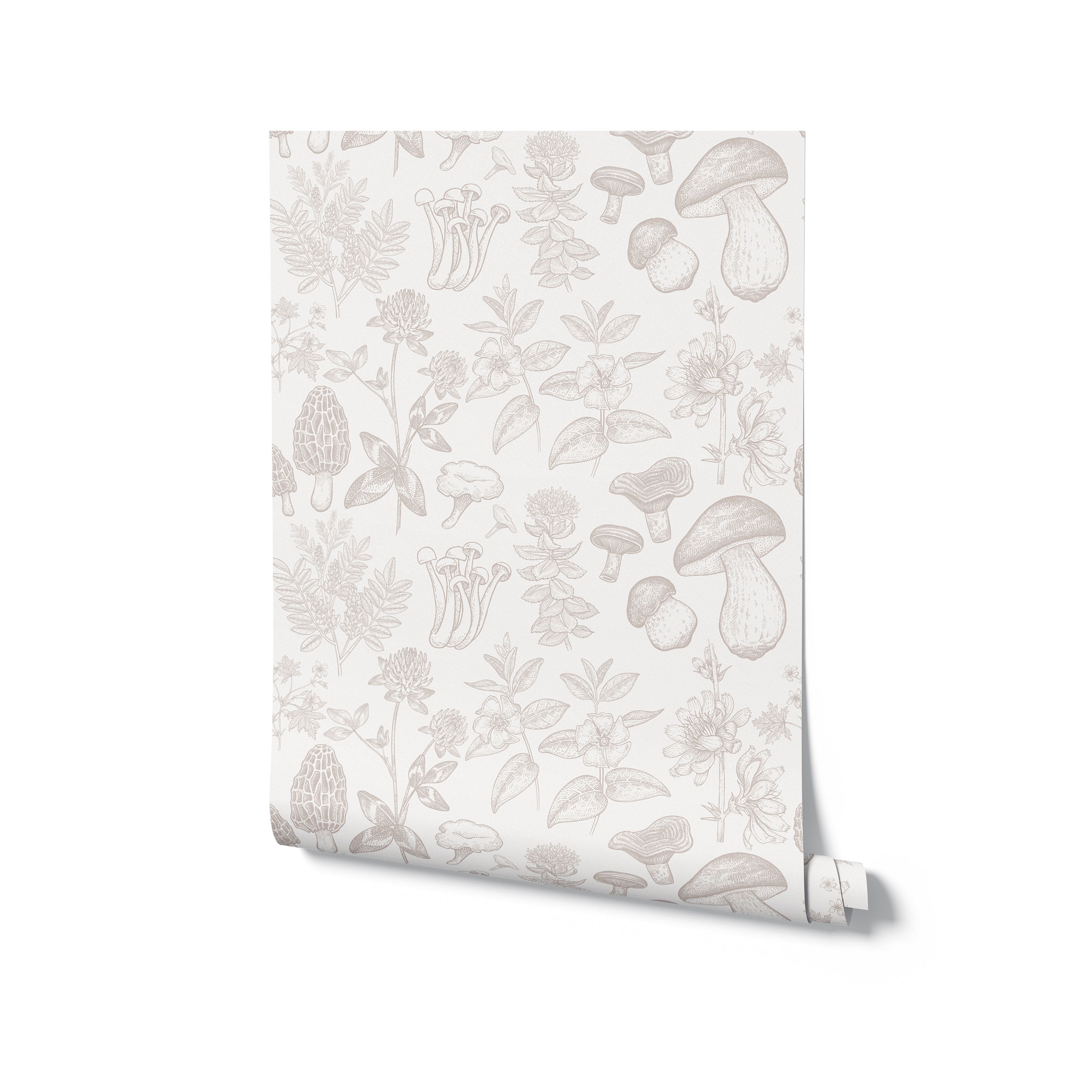 A roll of 'Mushroom Garden Wallpaper' is presented, highlighting the charming and detailed mushroom and plant illustrations that cover its surface. The beige and white color palette evokes a sense of calm and connection to nature.