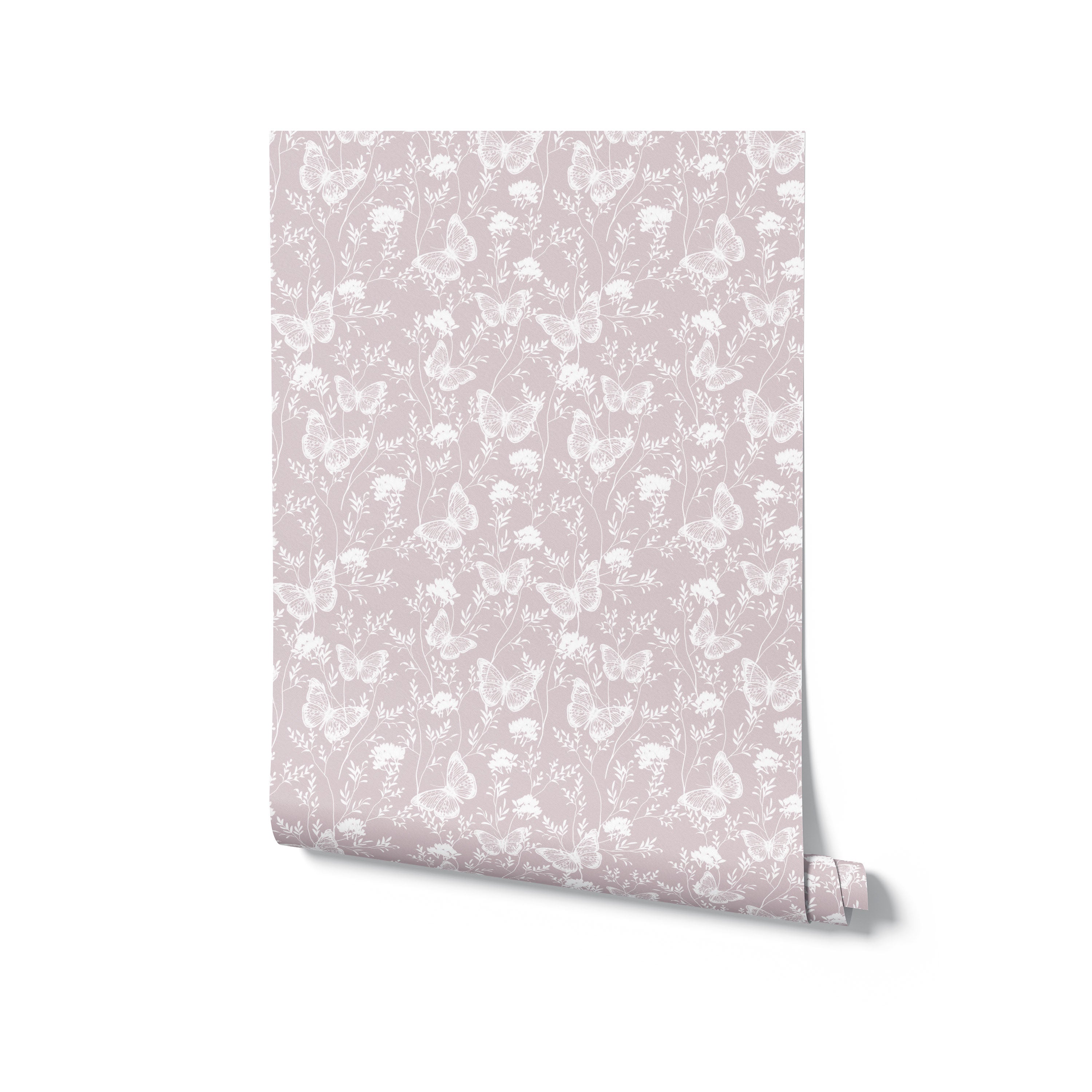 a roll of the "Whimsical Wings Wallpaper," partially unrolled to reveal the charming butterfly and floral pattern on a mauve-pink background. This image showcases the wallpaper's pattern continuity and the romantic, soft ambiance it's designed to create.
