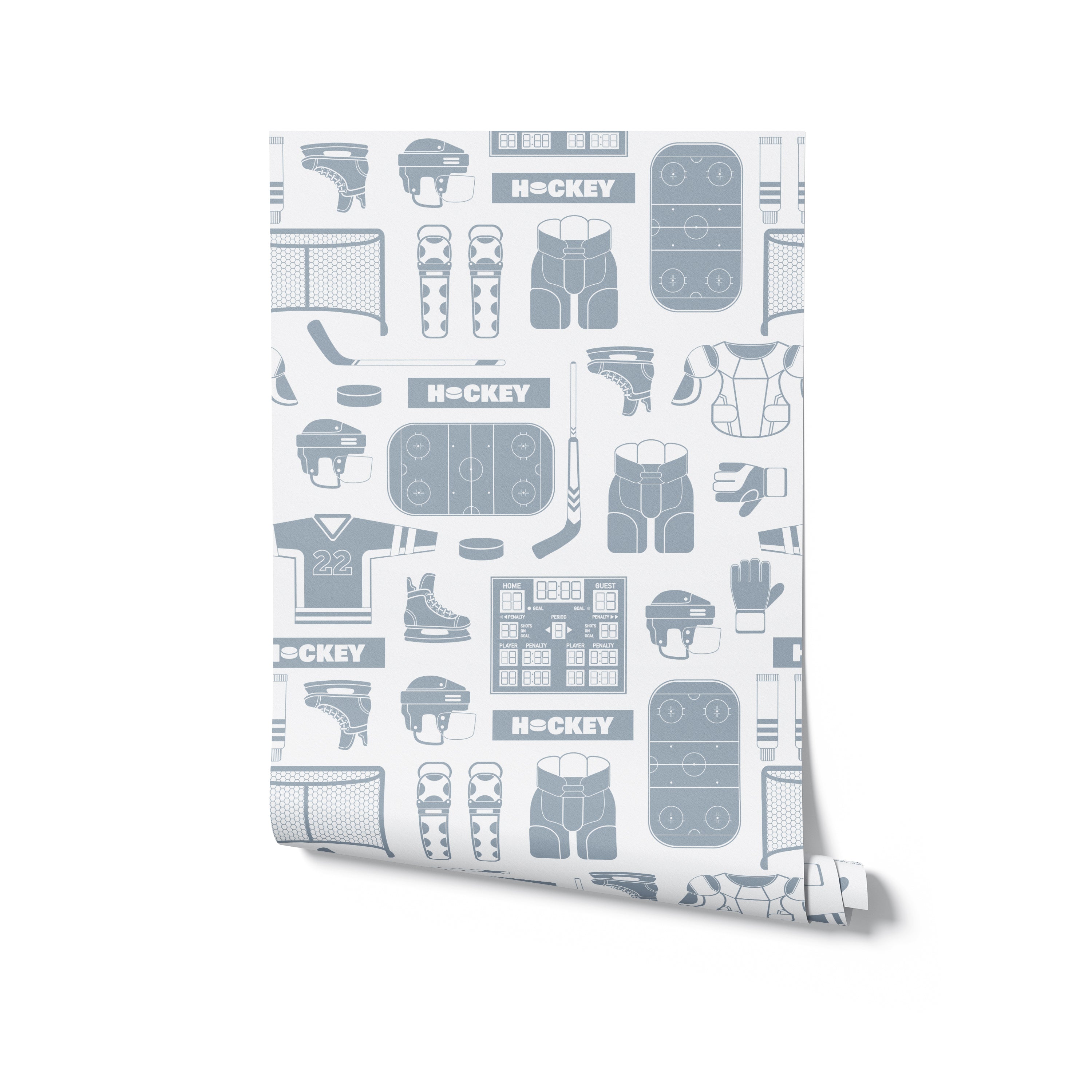 A flat lay view of a single roll of Hockey Life Wallpaper, showcasing the light blue and white design. The wallpaper displays a variety of hockey equipment and motifs in a seamless pattern.