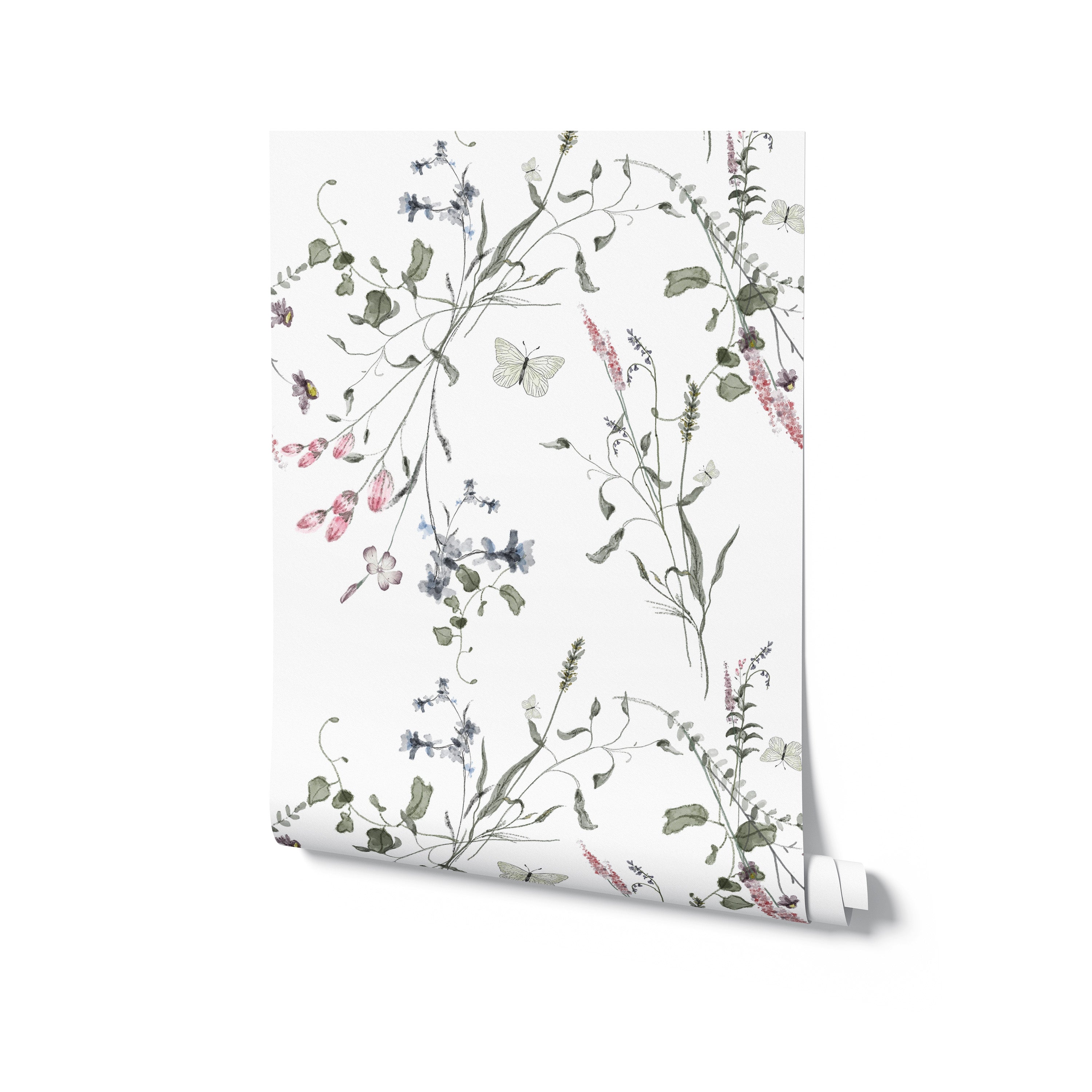 A roll of Lovely Botanicals Wallpaper depicting its elegant design of intertwined flowers and leaves with subtle butterflies, perfect for bringing a touch of nature's tranquility to any interior space.