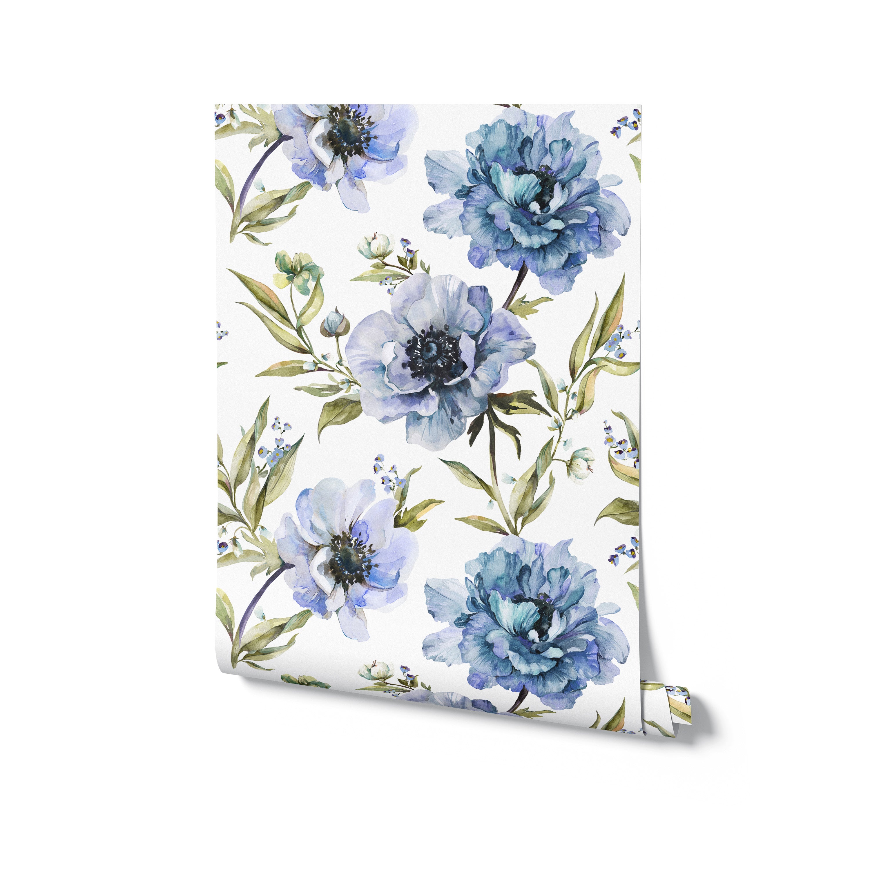 A roll of Indigo Floral Wallpaper featuring large, artistic indigo flowers and lush greenery, ideal for bringing a vibrant, botanical feel to any room.