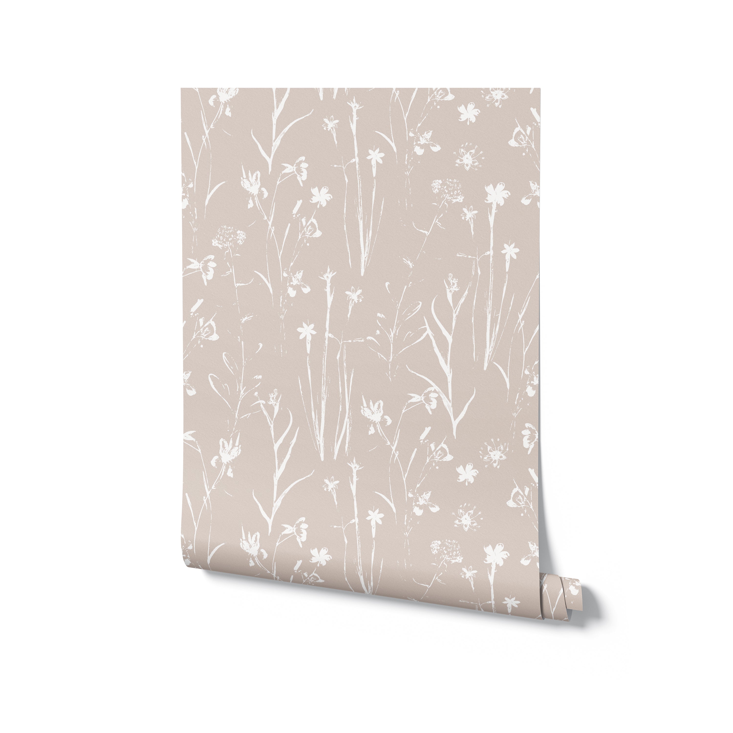 Rolled sample of Subtle Meadow Floral Wallpaper with a pattern of white wildflowers and stems on a taupe background, ideal for adding a touch of nature to any room.